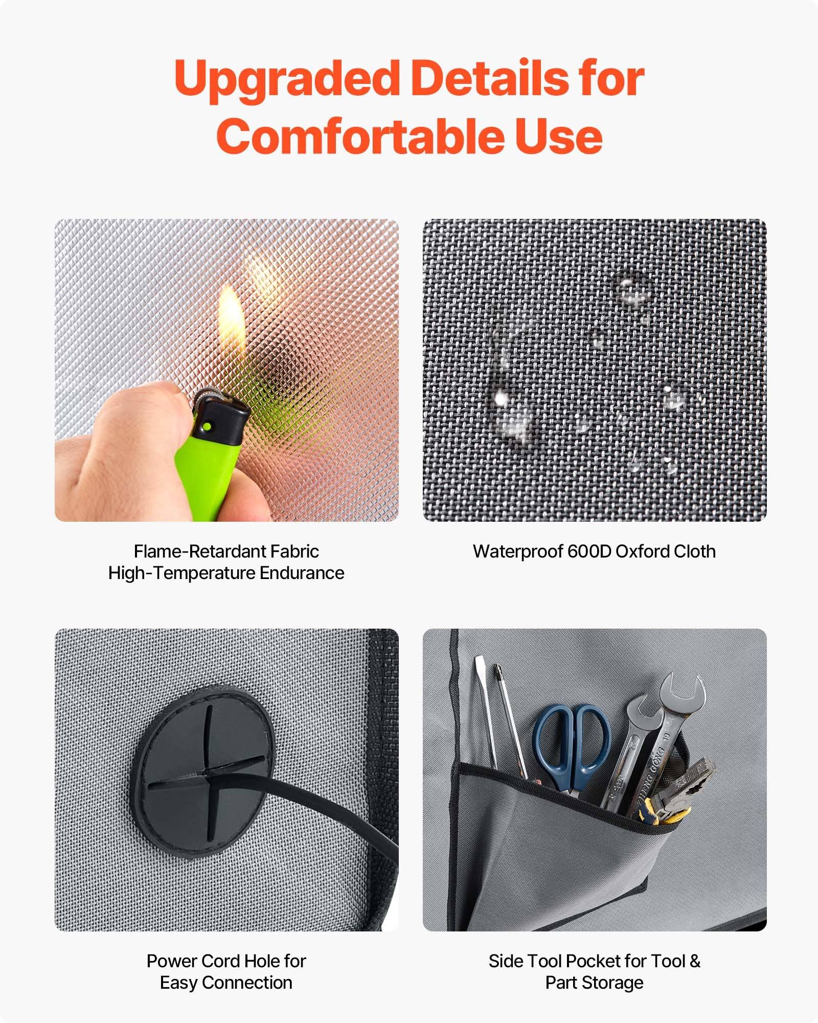 Vier Funktionspanele zeigen einen grauen Organizer: flammenhemmendes Gewebe, wasserdichter Oxford-Stoff, ein Stromkabelloch und eine seitliche Werkzeugtasche für Werkzeuge und Schreibwaren.