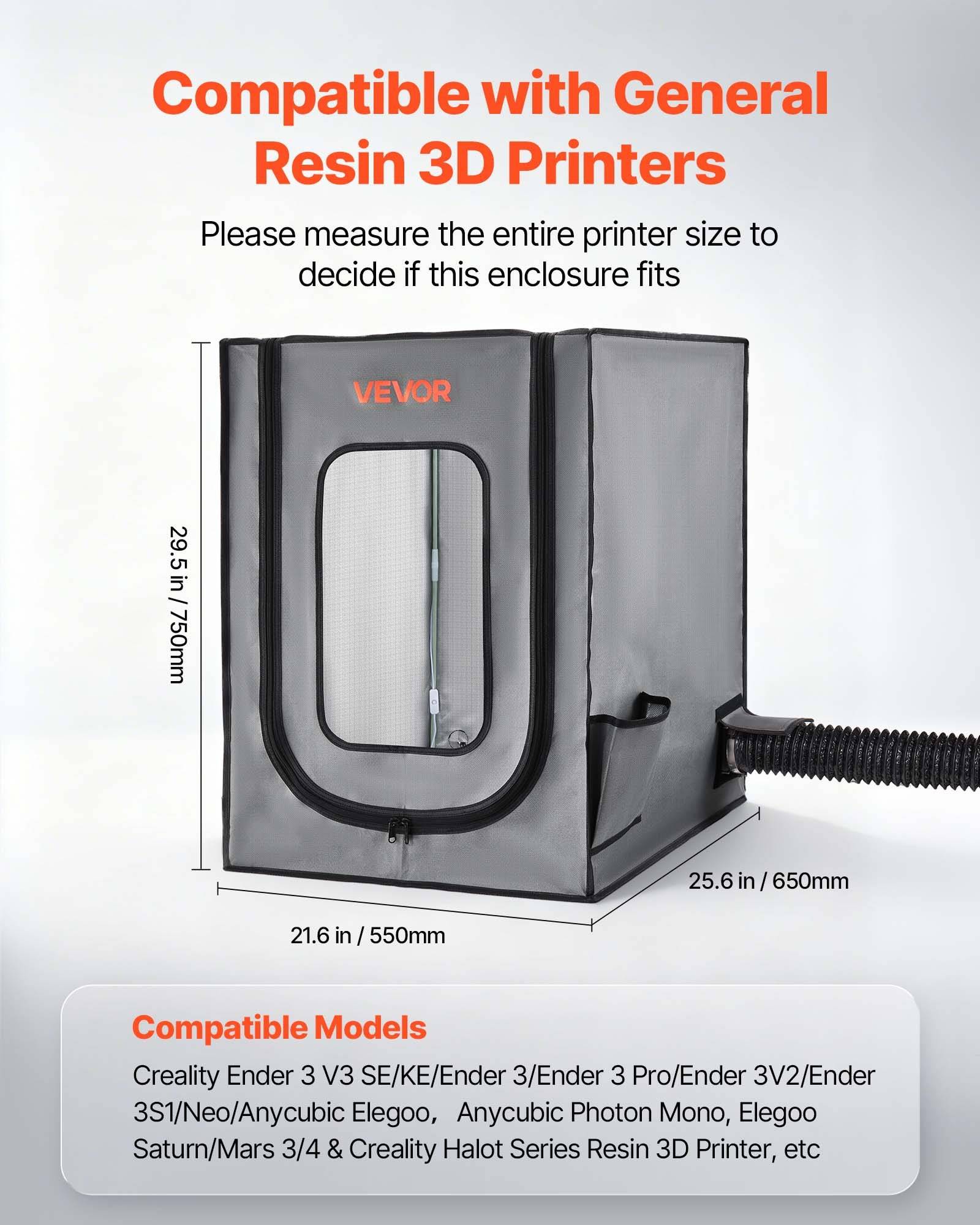 Umhausungssystem für Harz-3D-Drucker mit den Abmessungen 29,5 x 25,6 x 21,6 Zoll. Der Text besagt, dass es mit allgemeinen Harz-3D-Druckern und aufgelisteten Modellen kompatibel ist.