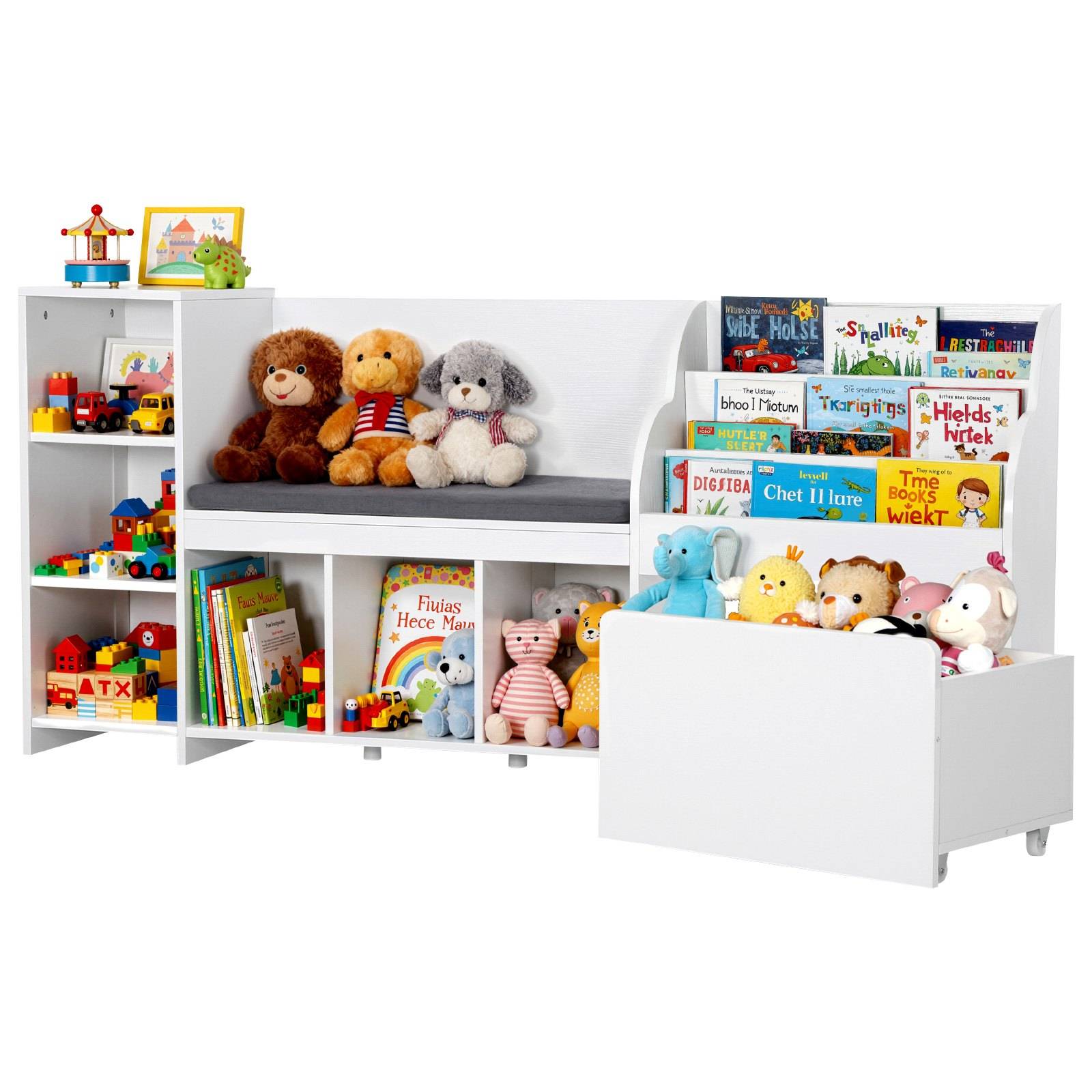 Kinderspacklager- und Leseeinheit mit Regalen, Fächern und einer Bank, die Kuscheltiere, Bücher und Bausteine aufbewahrt.