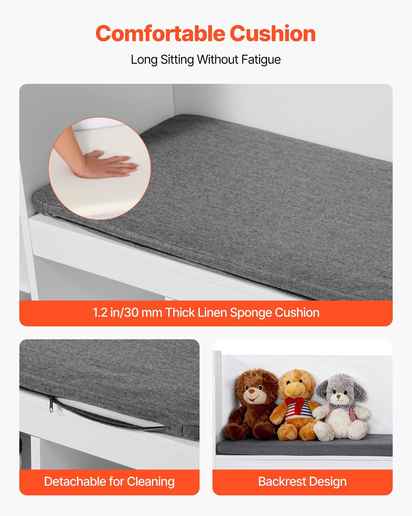 Produktanzeige für ein graues Leinen-Schwammkissen mit der Bezeichnung „Komfortables Kissen" und „Langes Sitzen ohne Ermüdung"", das eine Dicke von 1,2 Zoll/30 mm, einen abnehmbaren Bezug und ein Rückenlehnen-Design zeigt.