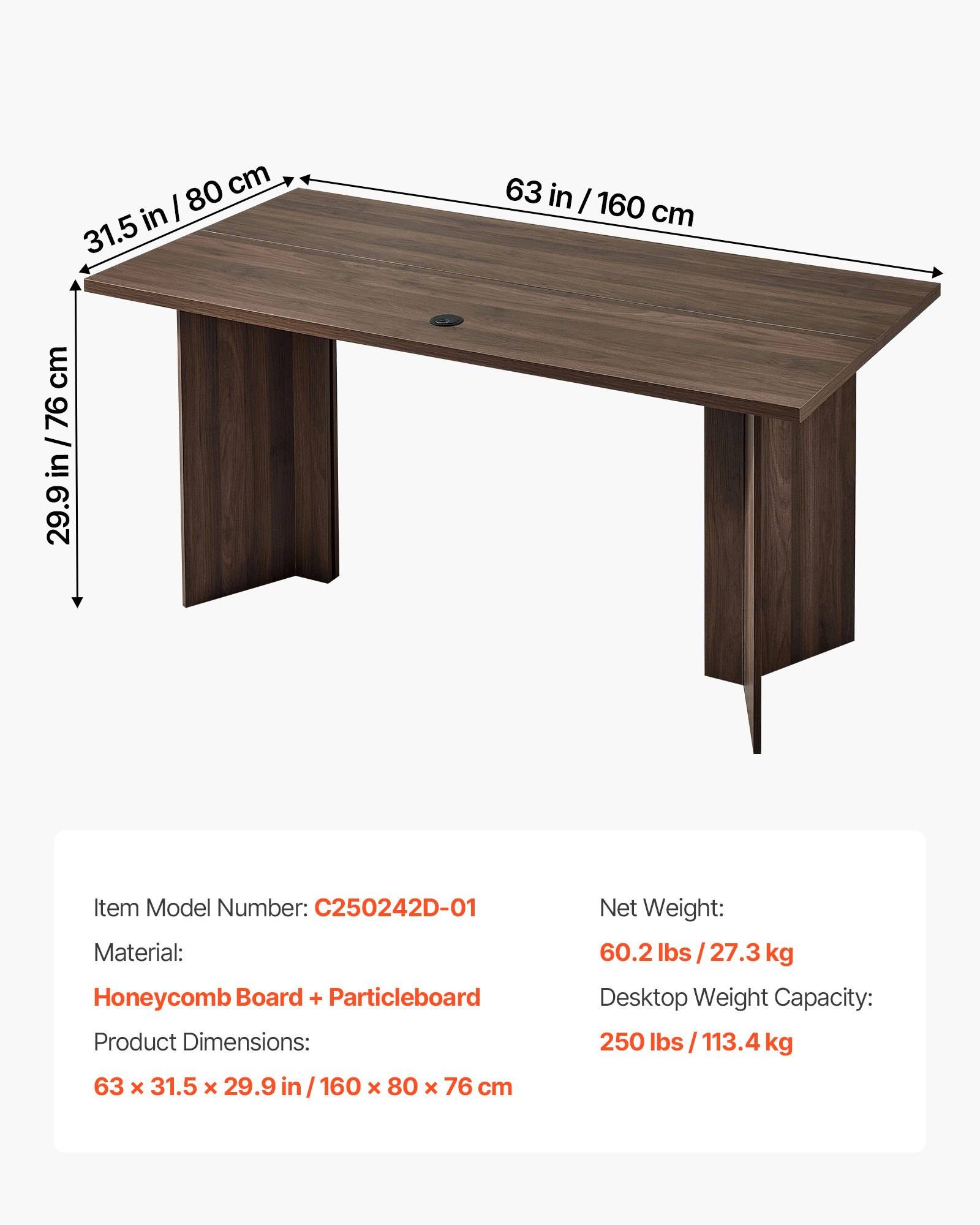 Schreibtisch mit Holzoptik in Braun mit den Abmessungen 63 x 31,5 x 29,9 Zoll (160 x 80 x 76 cm), Modell C250242D-01, mit einer Tragfähigkeit von 250 lb.
