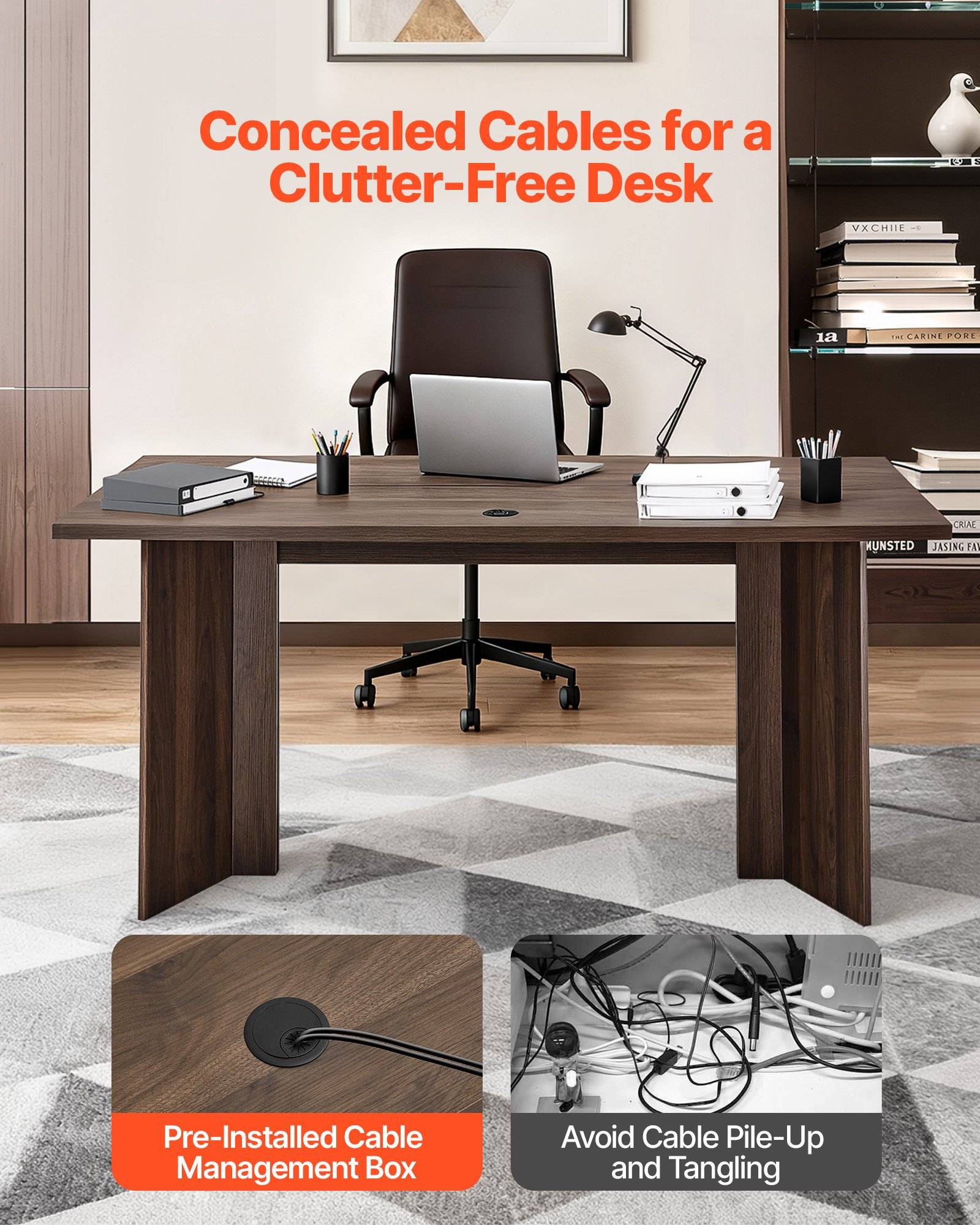 # Büroschalter-Setup mit versteckter Kabelmanagement-Box und vorher-nachher-Beschriftungen, die einen aufgeräumten Schreibtisch im Vergleich zu verworrenen Kabeln zeigen.