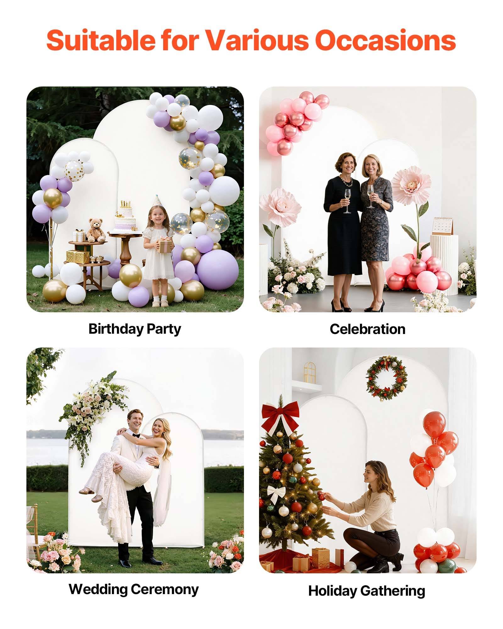 Collage mit dem Titel „Für verschiedene Anlässe geeignet" mit Ballon- und Blumen-Eventkulissen für Geburtstagsfeier, Feier, Trauzeremonie und Feierliche Zusammenkunft.