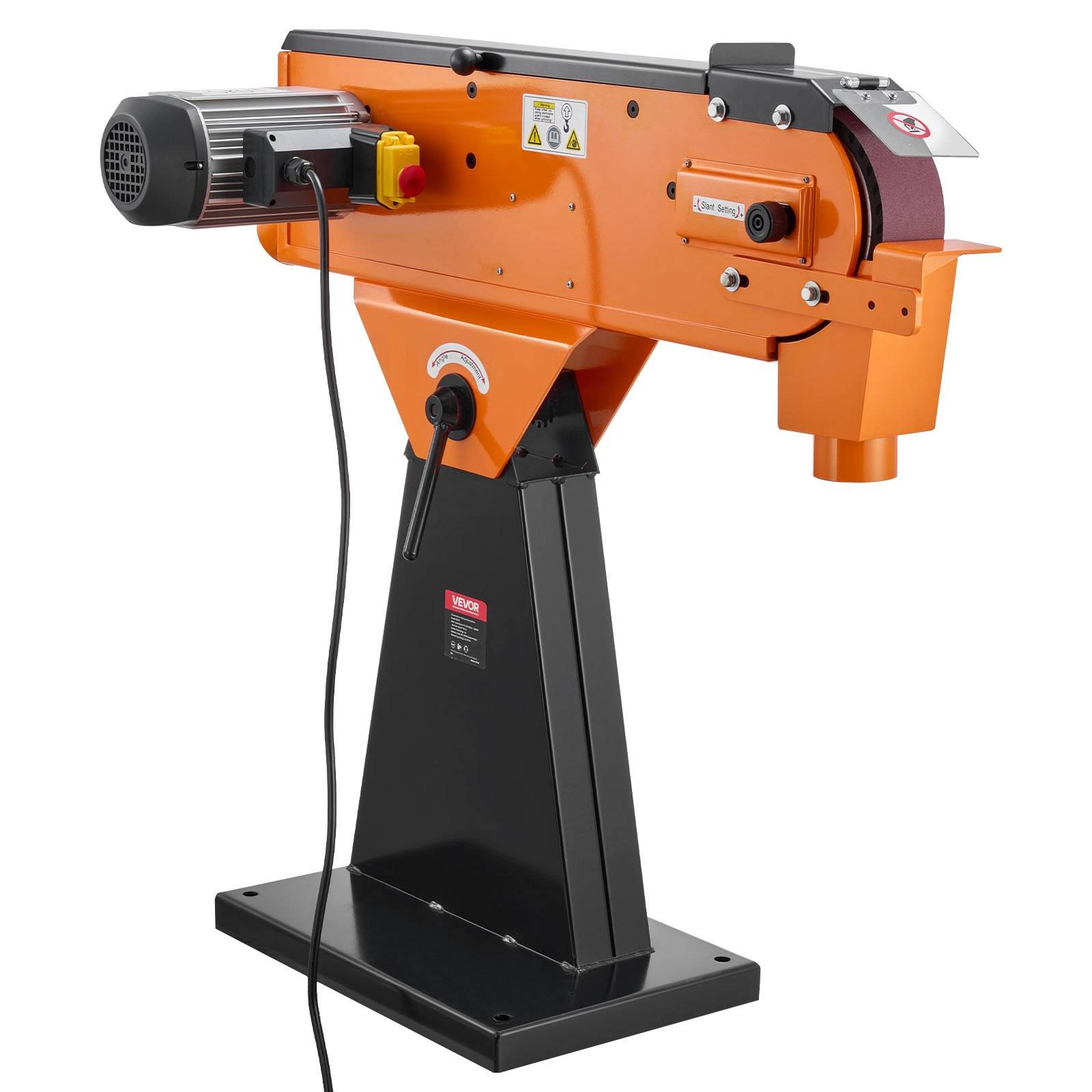 Orangefarbener Industrieschleiffer mit Riemen auf schwarzem Gestell, in Seitenansicht mit Motor, Schleifriemen und Bedienhebel.