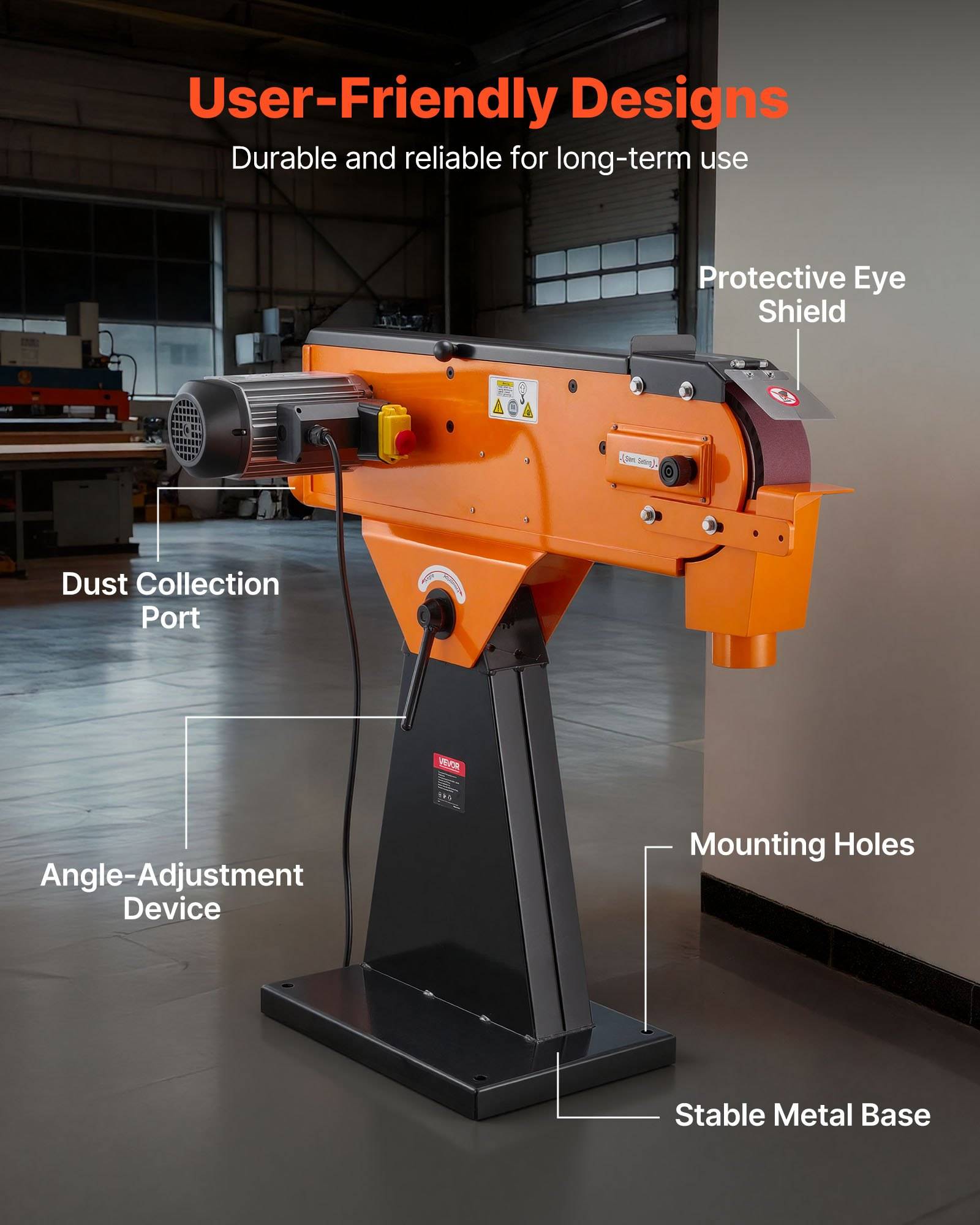 Orange Industriemaschine mit gekennzeichneten Funktionen: Schutzvisier, Staubabsaugöffnung, Winkeleinstellvorrichtung, Befestigungslöcher und stabiler Metallfuß. Der Text lautet „Benutzerfreundliche Designs" und „Langlebig und zuverlässig für den Langzeitgebrauch"".