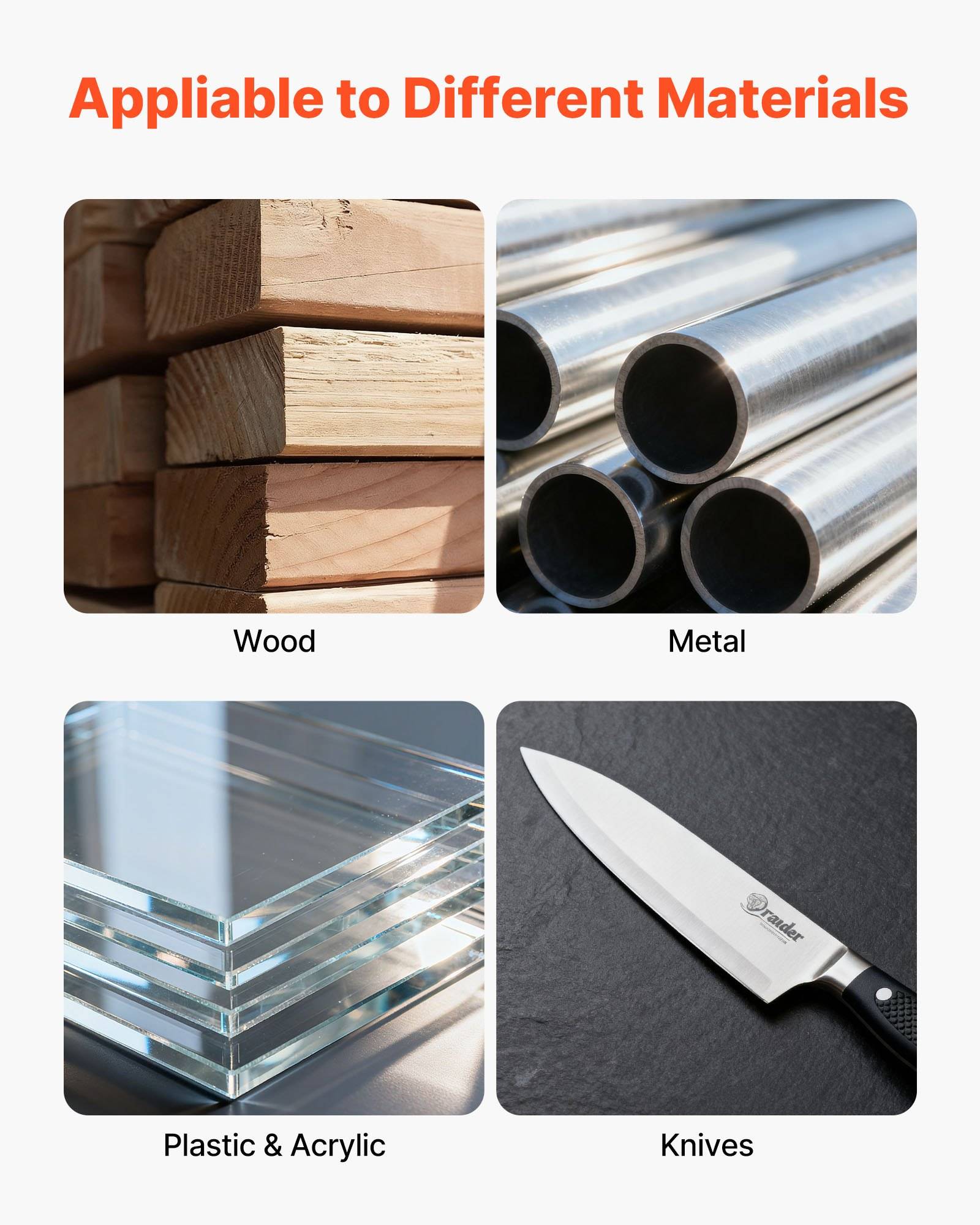 Grafik mit dem Titel „Anwendbar auf verschiedene Materialien" zeigt vier Beispiele: Holz, Metallrohre, Kunststoff- und Acrylglasplatten sowie ein Messer.