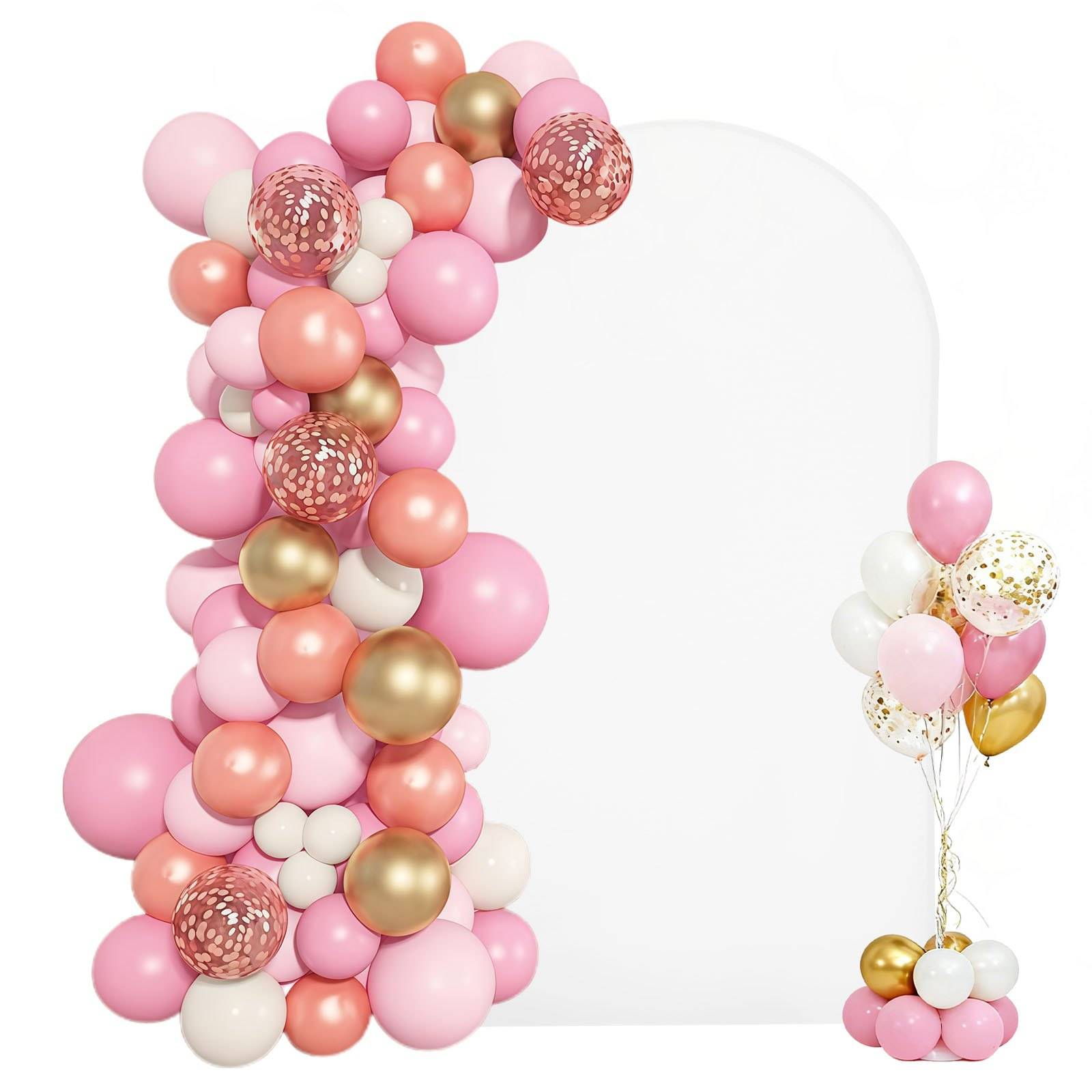 Rosa, pfirsichfarbene, weiße und goldene Ballongirlande rahmen ein leeres weißes Plakat ein, mit einem kleinen passenden Ballonstrauß auf der rechten Seite.