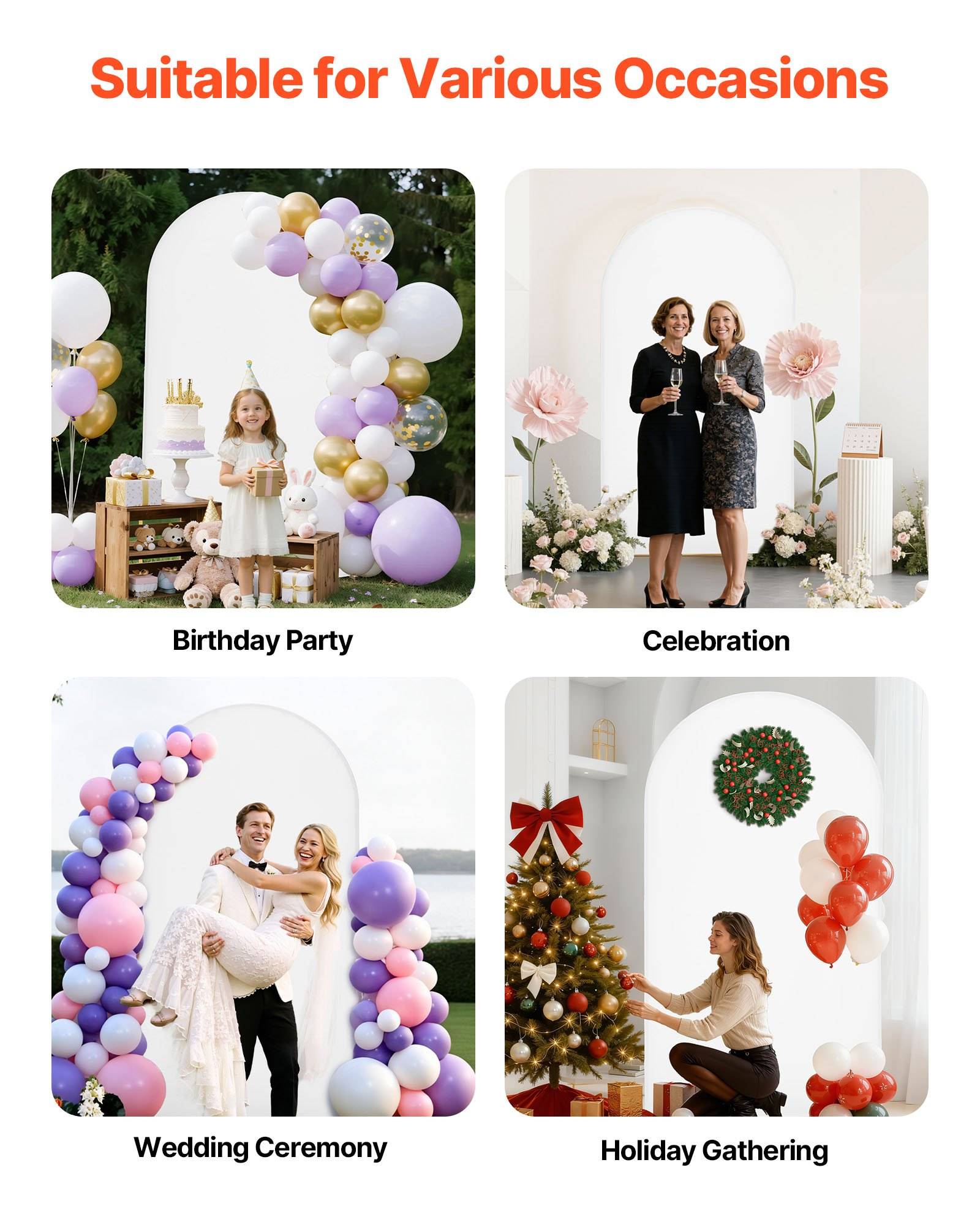 Collage mit dem Titel „Geeignet für verschiedene Anlässe" mit vier Veranstaltungsaufbauten: Geburtstagsfeier, Feier, Trauungszeremonie und Urlaubsfeier mit Ballon- und Blumenschmuck.