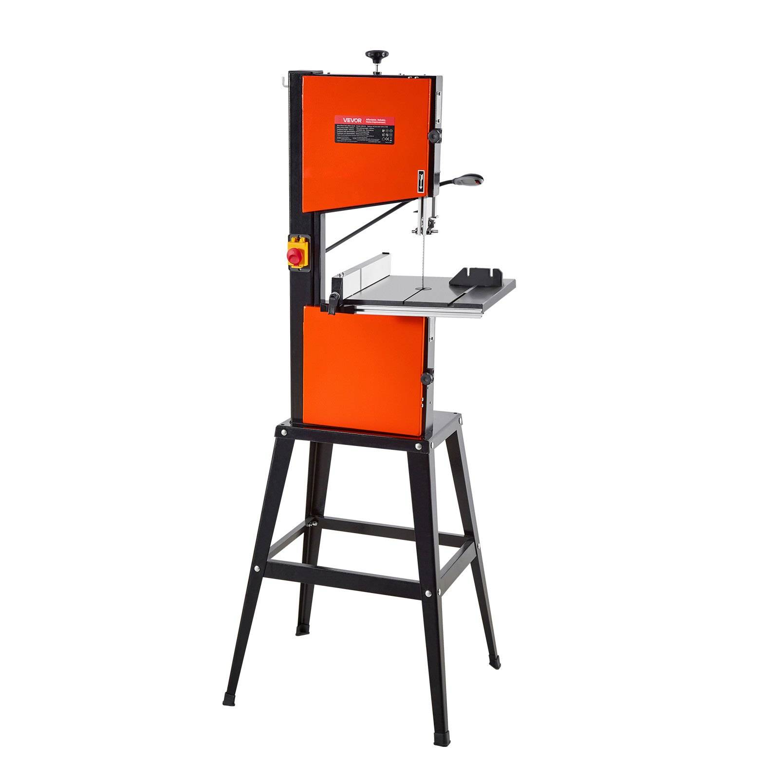 Orange-schwarze Bandsäge auf einem Gestell, mit vertikalem Sägeblatt, Arbeitstisch und Führungsarm zum Schneiden von Holz oder Metall.