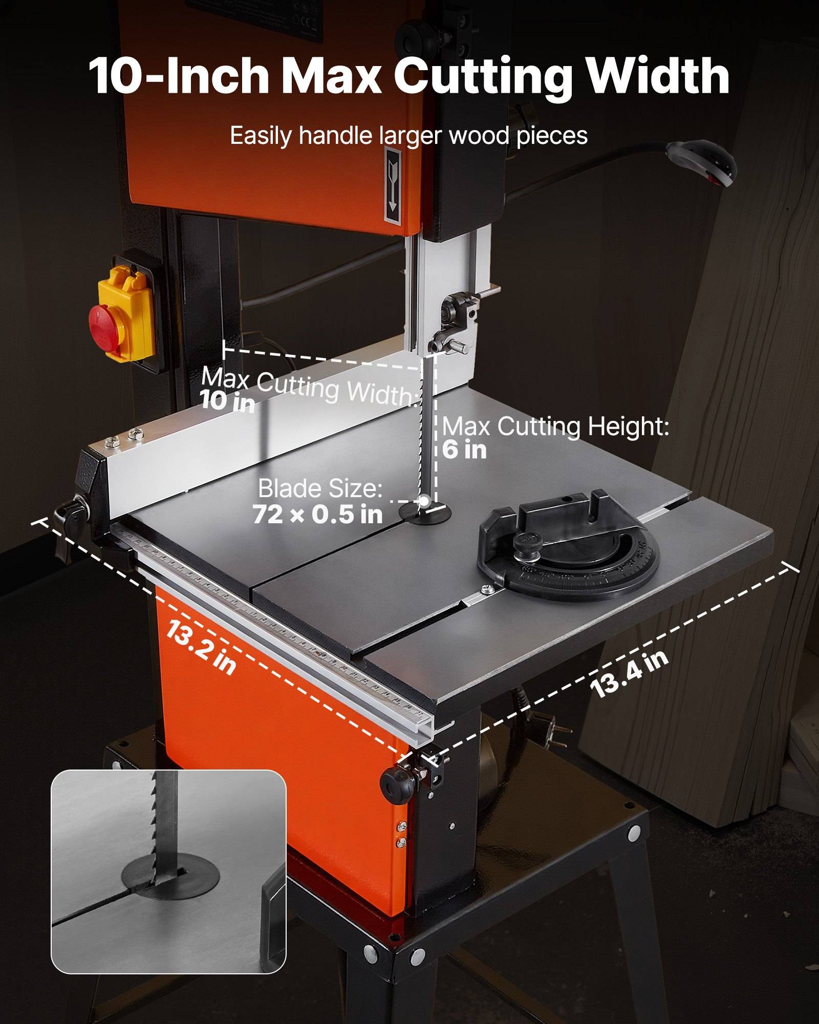 Bandsäge mit gekennzeichneter Schnittkapazität: maximale Breite 10 Zoll, maximale Höhe 6 Zoll, Blatt 72 x 0,5 Zoll und Tisch 13,2 x 13,4 Zoll.