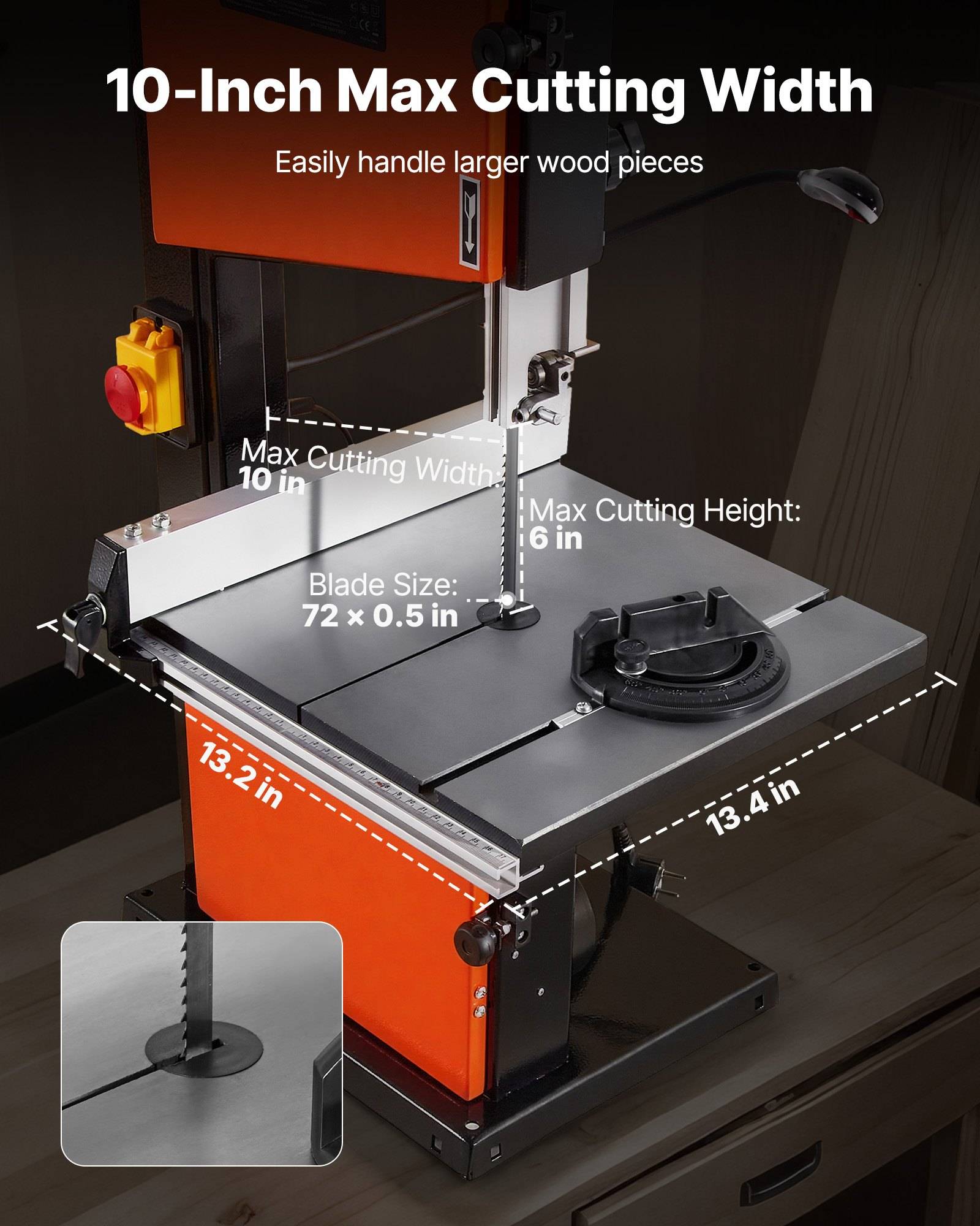 Werbebild einer Bandsäge mit maximaler Schnittbreite von 10 Zoll, Schnitthöhe von 6 Zoll, Blattgröße von 72 x 0,5 Zoll und Tisch von 13,2 x 13,4 Zoll.