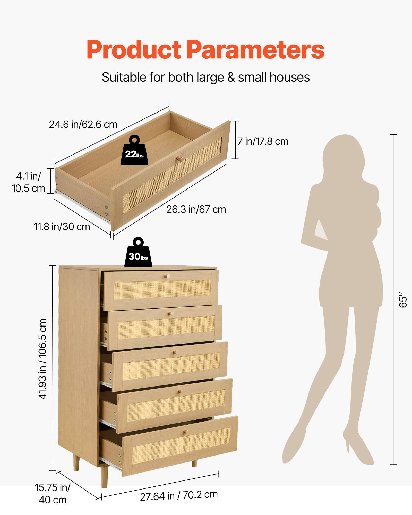Produktdimensionen-Infografik einer hölzernen Lagertruhe: 27,64 x 15,75 x 41,93 Zoll Gesamtgröße, 5 Schubladen, 30 lb Tragfähigkeit und eine 65 Zoll Menschensilhouette als Maßstab.