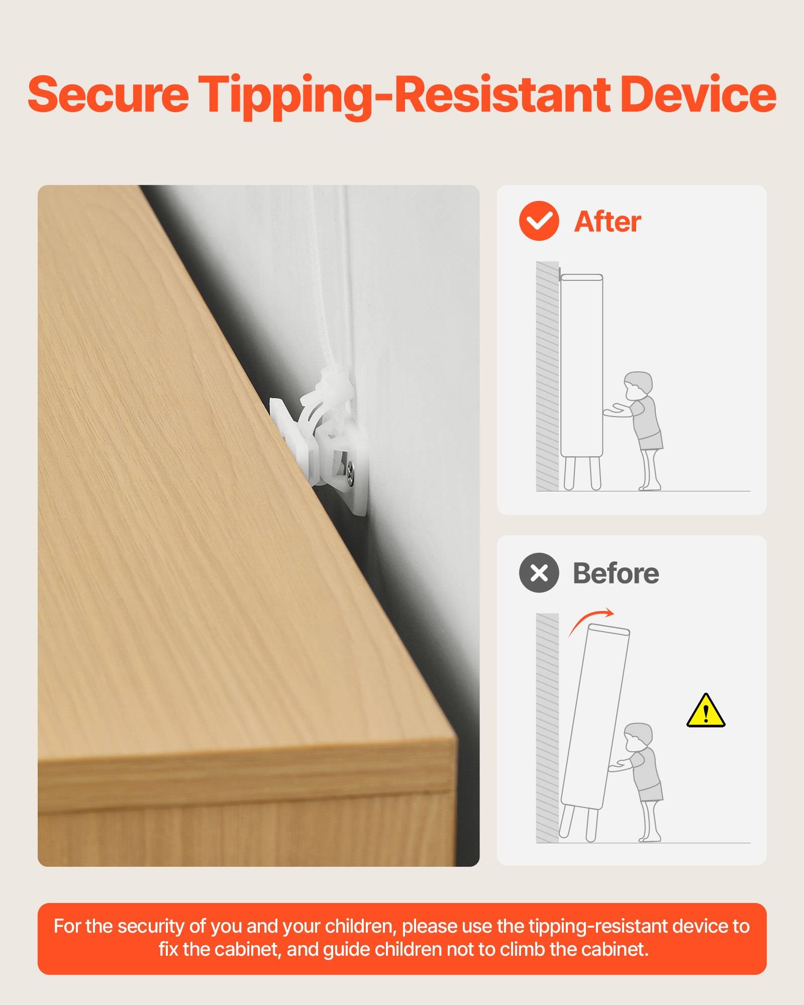Sicheres, kippfestes Gerät zur Befestigung eines Schranks an der Wand, mit Vorher- und Nachher-Diagrammen, die zeigen, dass das Kippen des Schranks verhindert wird.