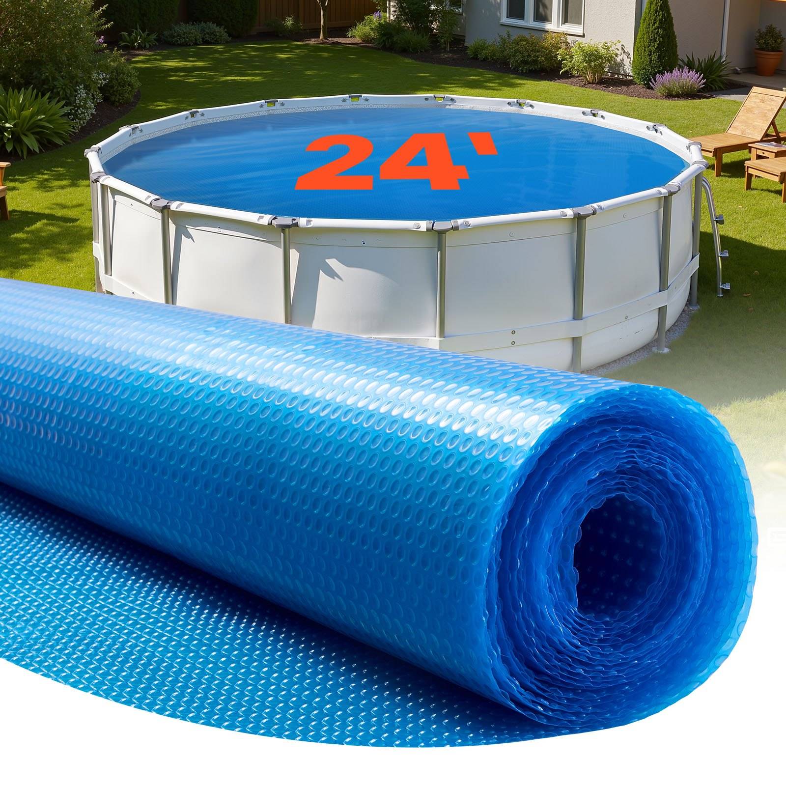 24-Fuß-Aufstellpool mit blauer Solarcoverrolle im Vordergrund auf einem sonnigen Rasen im Hinterhof