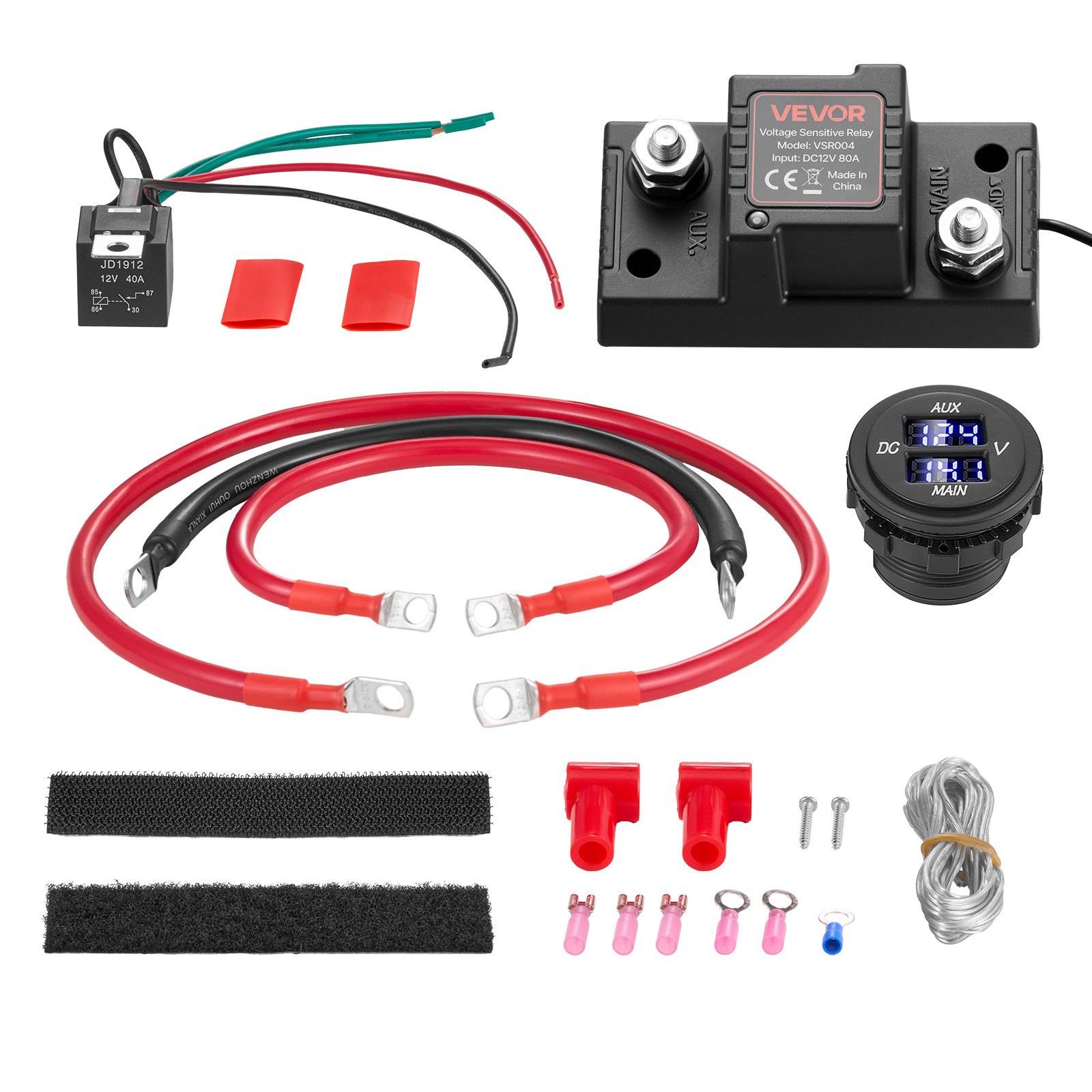 12V-Batterie-Trennschalter-Set mit Relais, digitales Voltmeter, schwere rote Kabel, Stecker, Sicherungshalter, Schrauben und Montagehalter.
