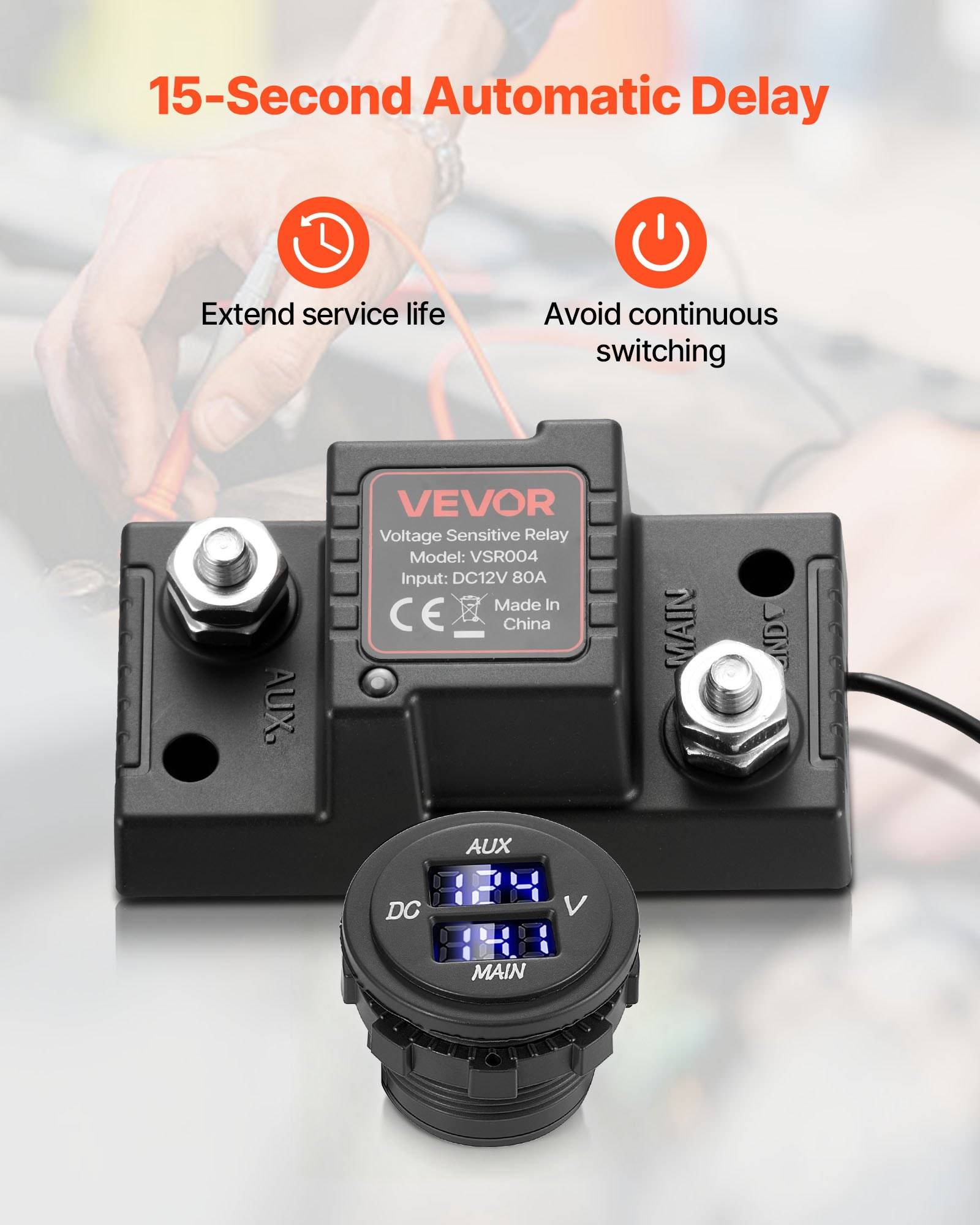 VEVOR Spannungsempfindliches Relais mit 15 Sekunden automatischer Verzögerung, dargestellt mit digitalem Voltmeter und Hinweisen zur Verlängerung der Lebensdauer und Vermeidung von kontinuierlichem Schalten.