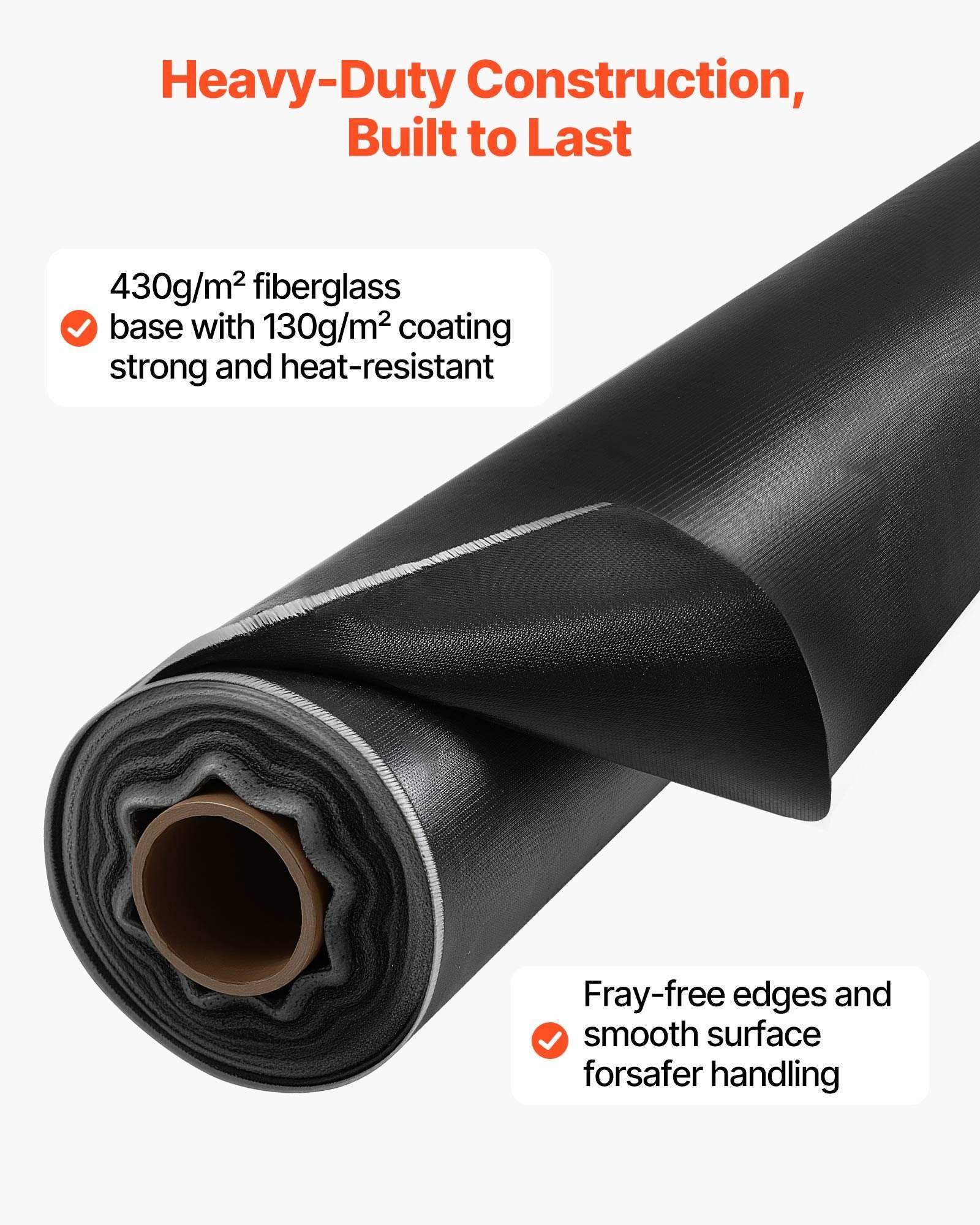 Schwarzes Rollstoffmaterial mit fettgedrucktem Text „Heavy-Duty Construction, Built to Last" und Hinweisen auf 430g/m² Fiberglasbasis, 130g/m² Beschichtung und fransenfreie Kanten für sicherere Handhabung.