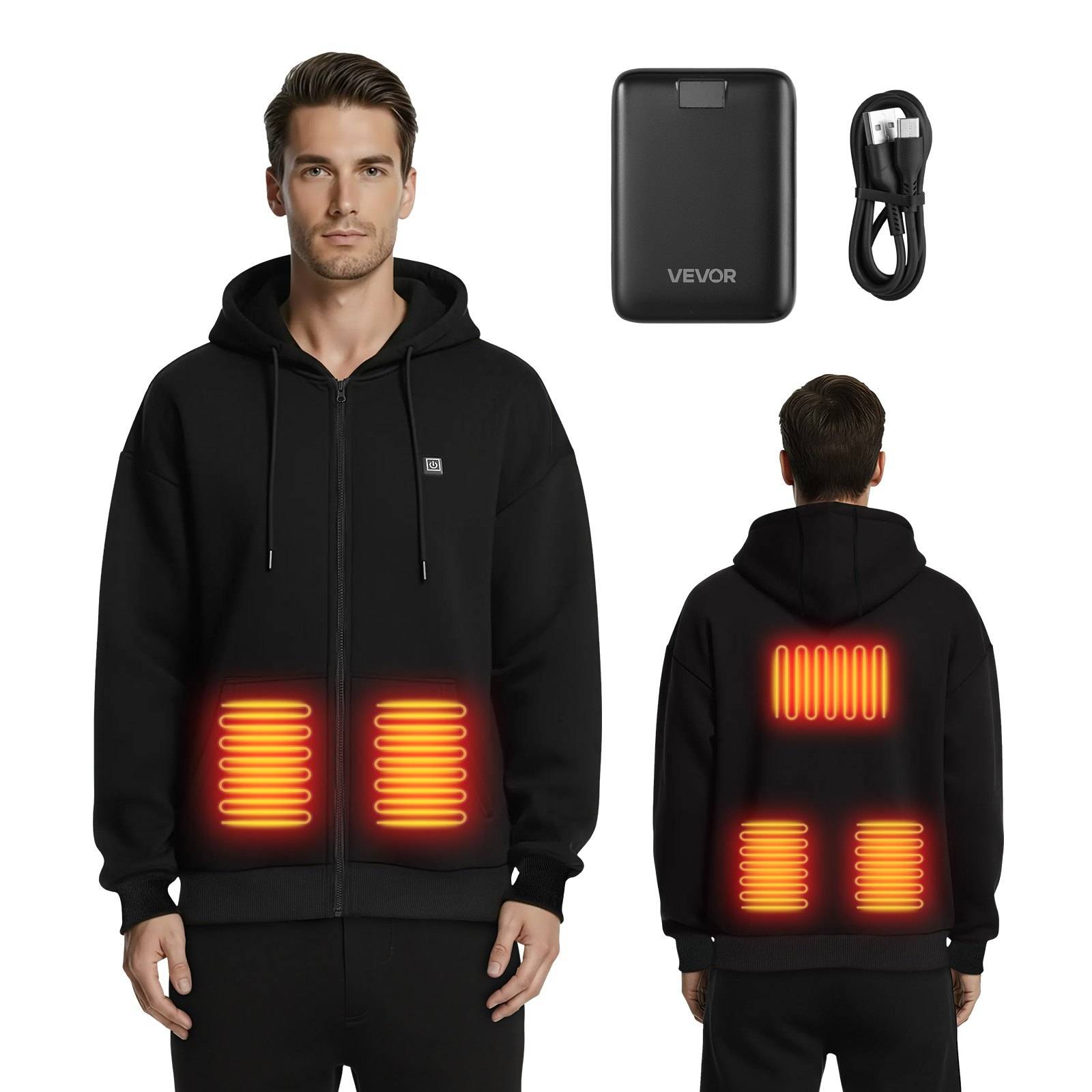 Schwarzer beheizter Hoodie von vorne und hinten gezeigt, mit leuchtenden Heizzonen auf der Brust und im unteren Rückenbereich, plus tragbares Batteriepack und Ladekabel.