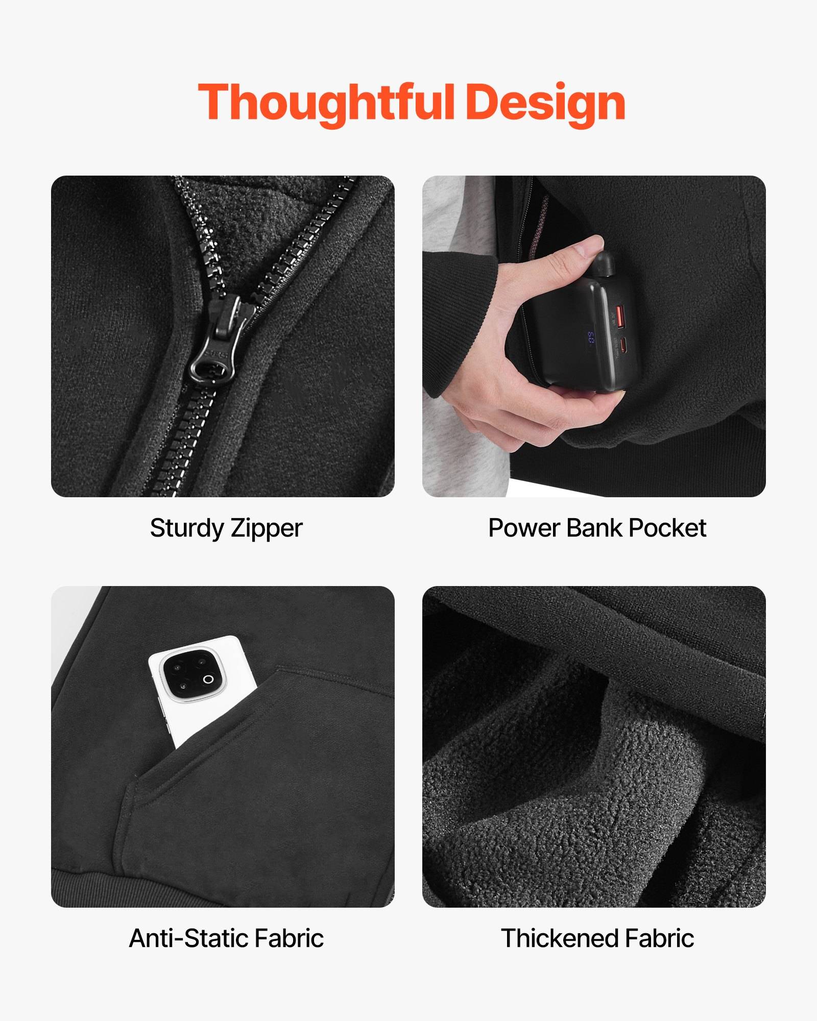 Produktmerkmal-Grafik mit dem Titel „Durchdachtes Design" zeigt den robusten Reißverschluss einer Jacke, die Powerbank-Tasche, antistatischen Stoff und verdickten Stoff.