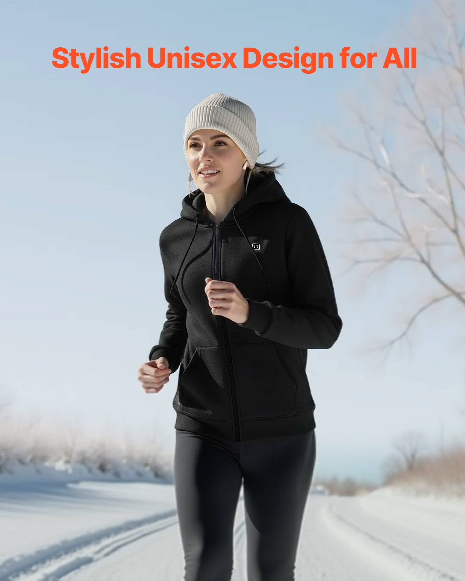 Frau joggt auf einer verschneiten Straße in einer schwarzen Jacke mit Kapuze und Leggings, mit dem Text „Stilvolles unisexes Design für alle" über ihr.