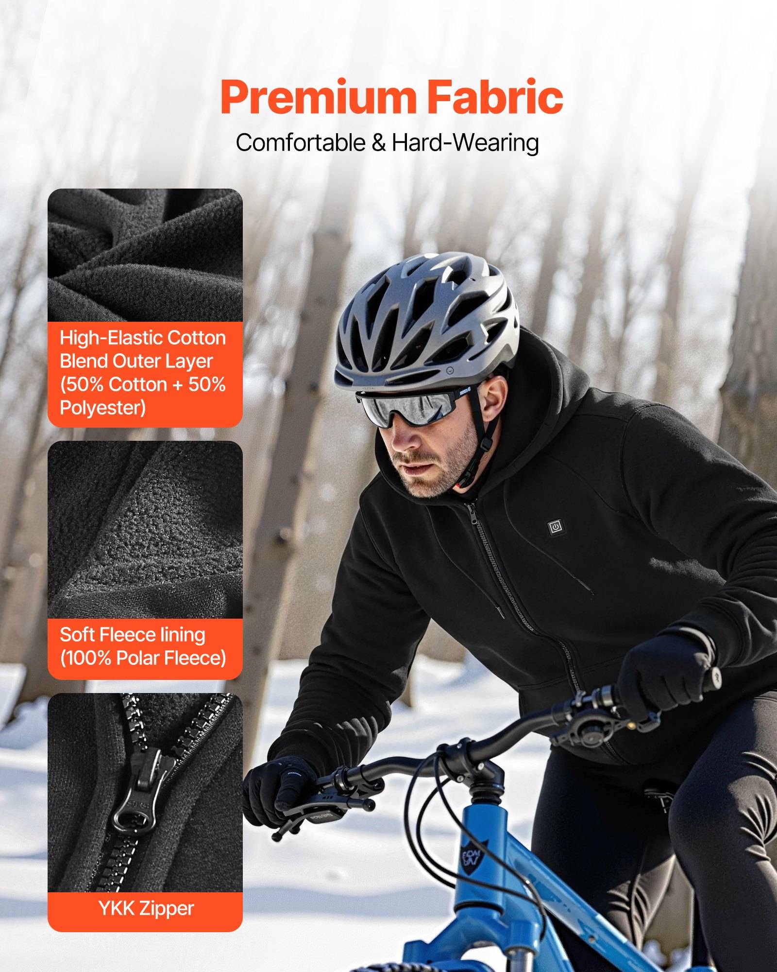 Radfahrer in Winterkleidung fährt ein blaues Fahrrad mit „Premium Fabric"-Beschriftungen, die die Baumwoll-Polyester-Außenschicht, die weiche Fleece-Innenseite und den YKK-Reißverschluss hervorheben.