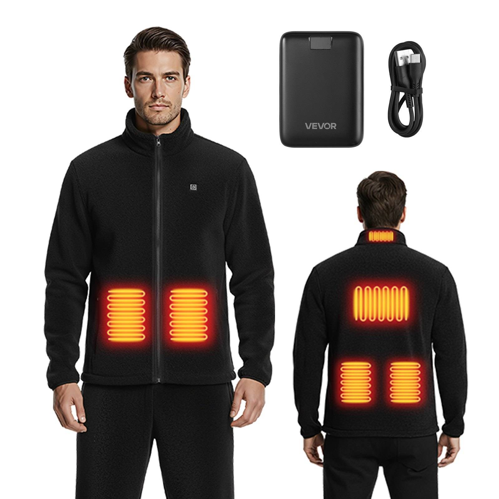Schwarz beheizte Jacke von vorne und hinten gezeigt mit leuchtenden orangefarbenen Heizzonen auf Brust, Rücken und Kragen, sowie Batteriepack und Ladekabel.