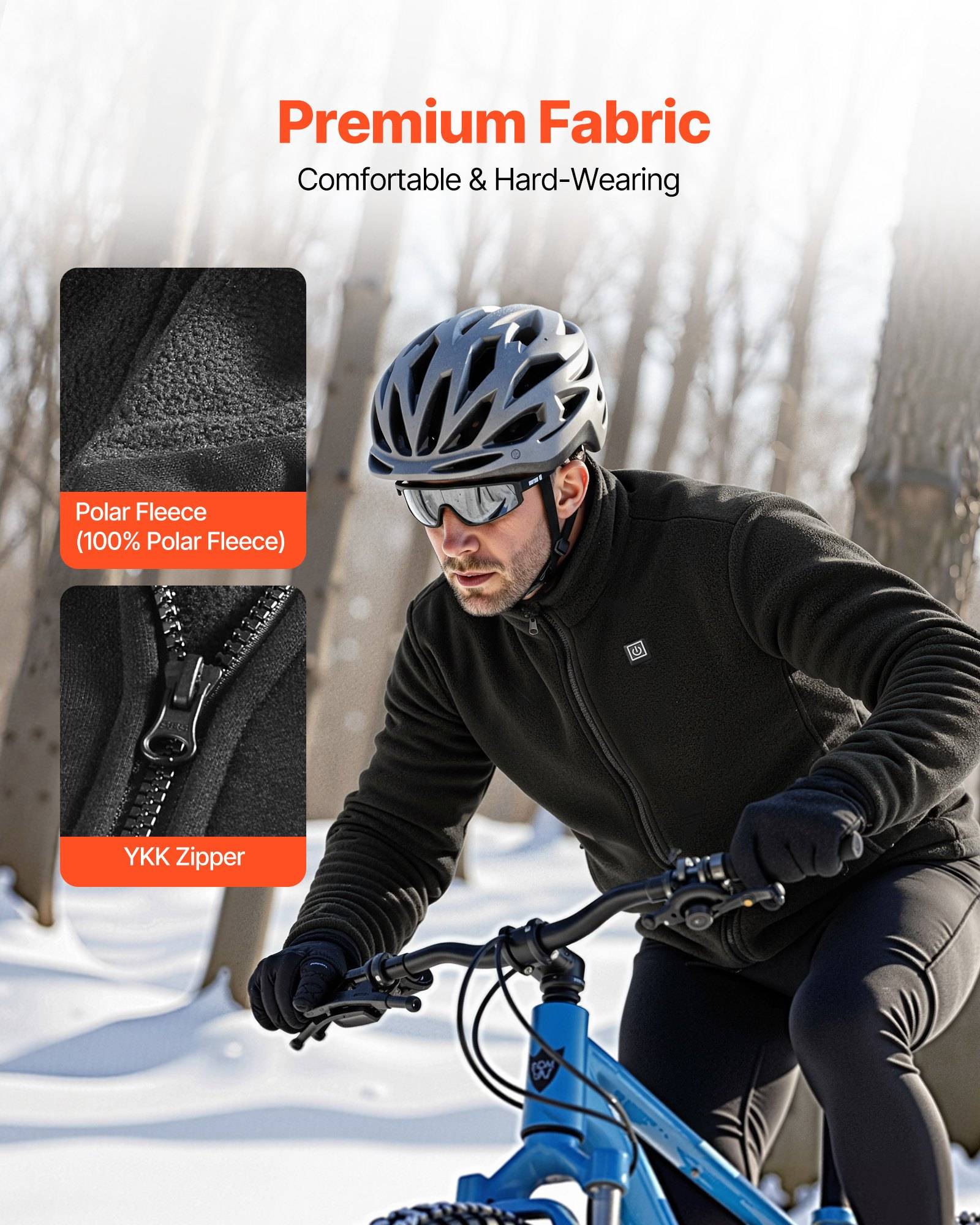 Anzeige für eine schwarze Fahrradjacke mit einem Mann, der auf einem Fahrrad im Schnee fährt, mit Hervorhebung von „Premium-Stoff