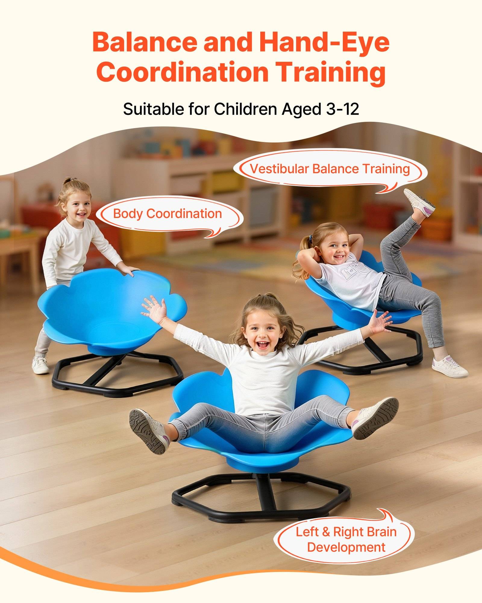 Plakat zur Werbung für Balance- und Auge-Hand-Koordinationstraining für Kinder im Alter von 3-12 Jahren, das Kinder zeigt, die blaue Drehsessel verwenden, mit Beschriftungen für Körperkoordination, vestibuläres Gleichgewichtstraining und Entwicklung der linken und rechten Gehirnhälfte.