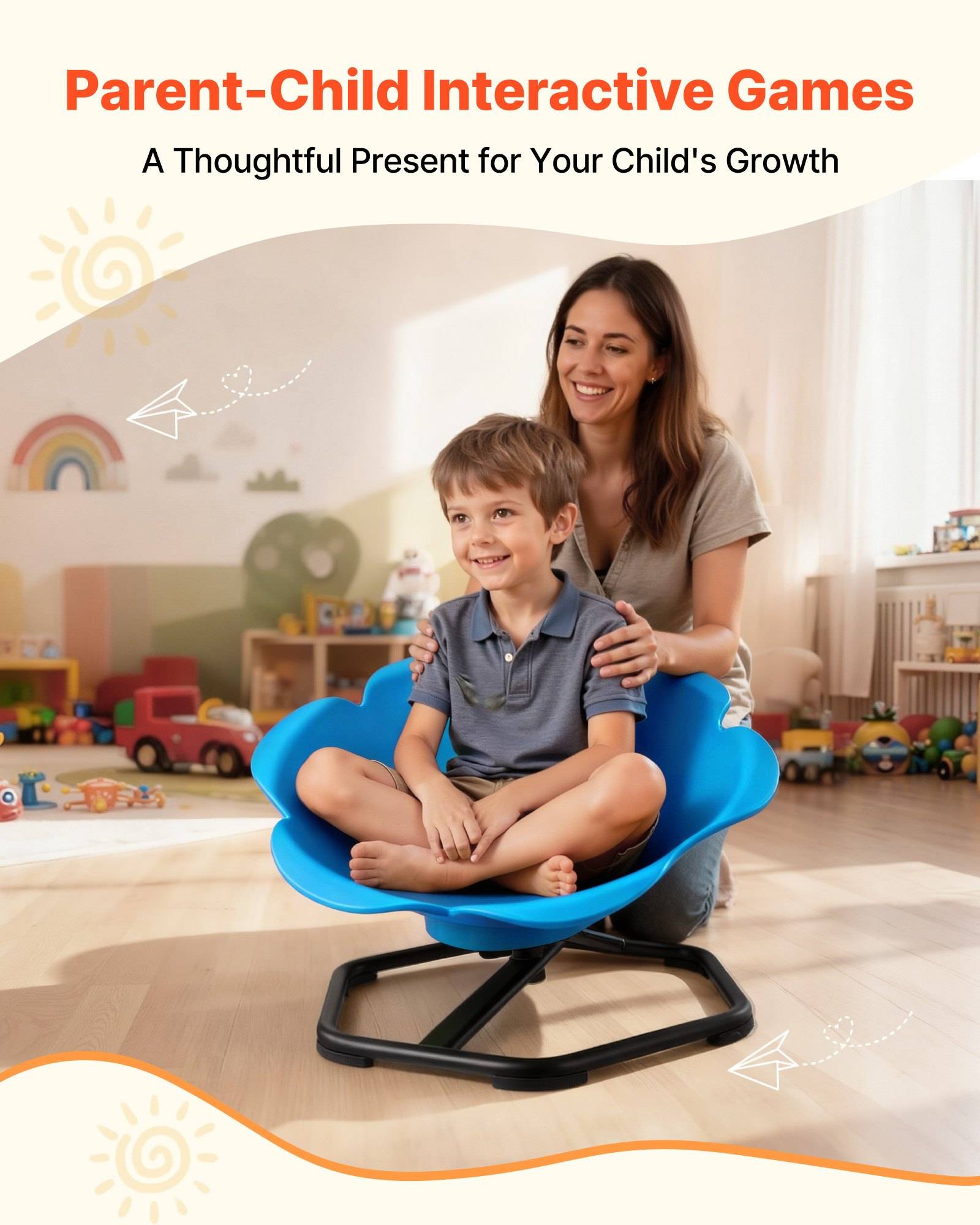 Mutter lächelt hinter einem sitzenden kleinen Jungen in einem blauen Stuhl in einem Kinderspielzimmer, mit dem Titel „Interaktive Spiele für Eltern und Kinder" und dem Untertitel „Ein durchdachtes Geschenk für die Entwicklung Ihres Kindes"".