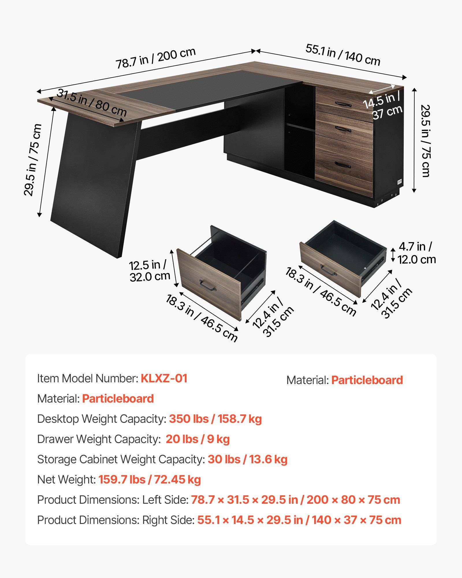 Produktdiagramm eines L-förmigen Eckschreibtisches mit drei Schubladen und einem Schrank, mit den Abmessungen 78,7 x 55,1 x 29,5 Zoll und Gewichtszulassungen.