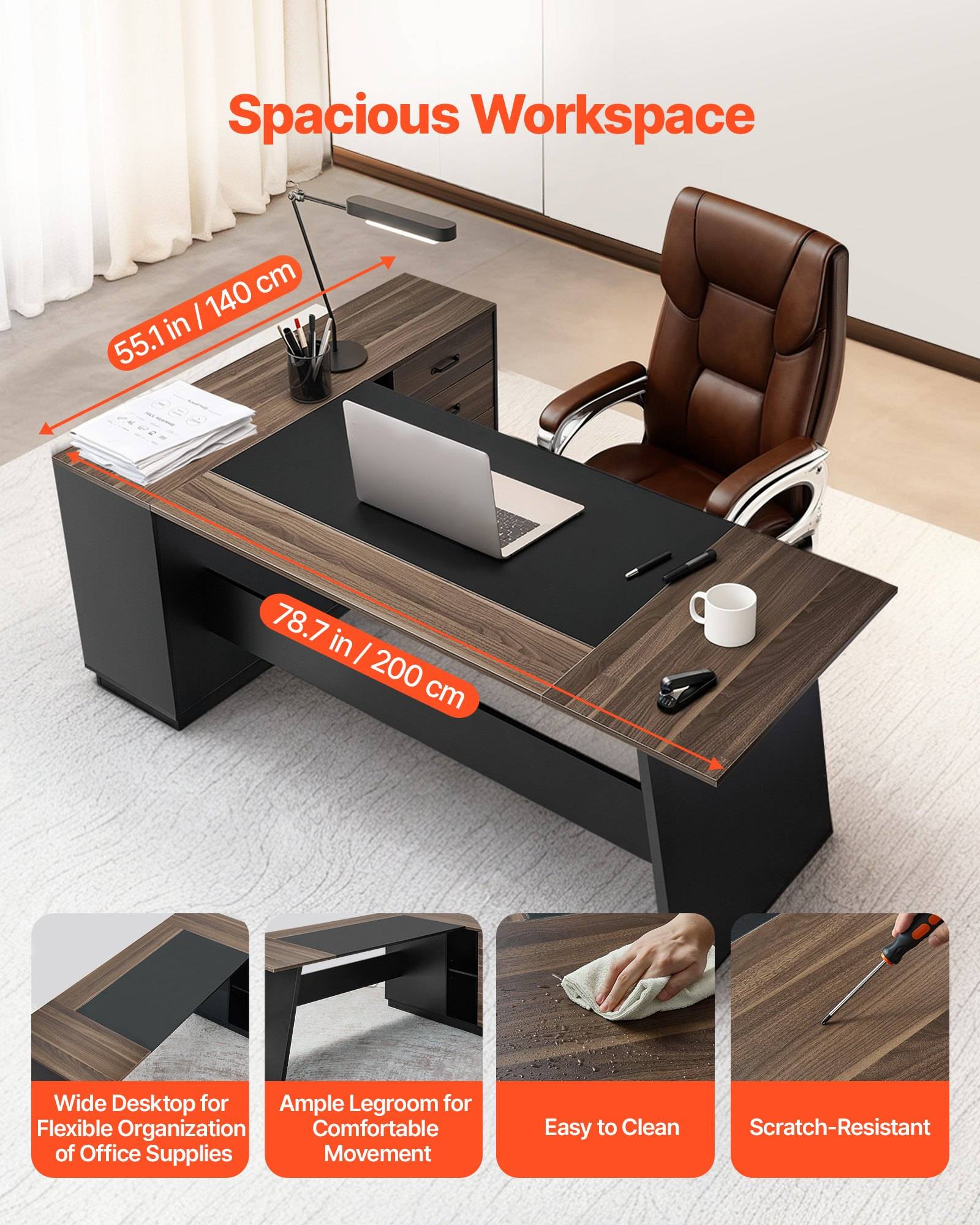 Werbebild eines modernen Bürotisches mit der Bezeichnung "Spacious Workspace"", mit Abmessungen von 55,1 in x 78,7 in und folgenden Merkmalen: breite Arbeitsfläche, ausreichend Beinfreiheit, leicht zu reinigen, kratzfest.