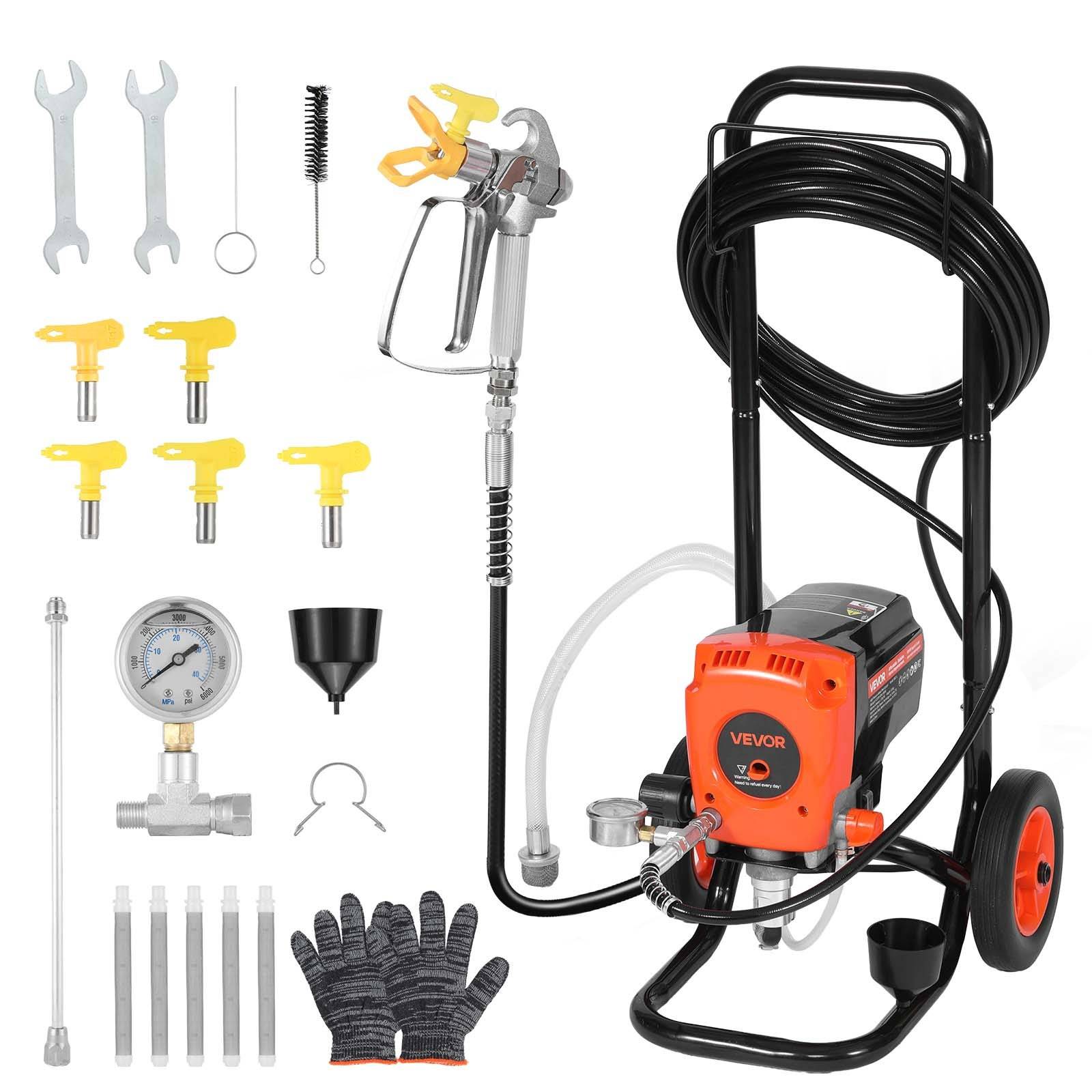 Tragbares Airless-Farbspritzsystem mit Wagen, Schlauch, Spritzpistole, Druckmesser, Düsen, Werkzeugen und Handschuhen auf weißem Hintergrund dargestellt.