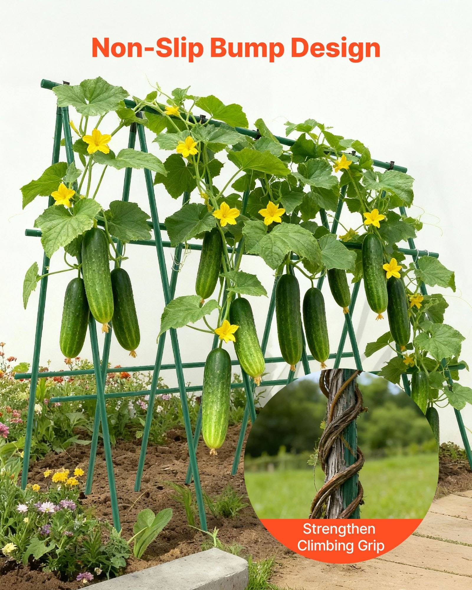 Gurkenranken wachsen auf einem grünen Spalier mit gelben Blüten und hängenden Gurken, gekennzeichnet mit „rutschfestes Noppen-Design" und „verstärkter Klettgriff"".