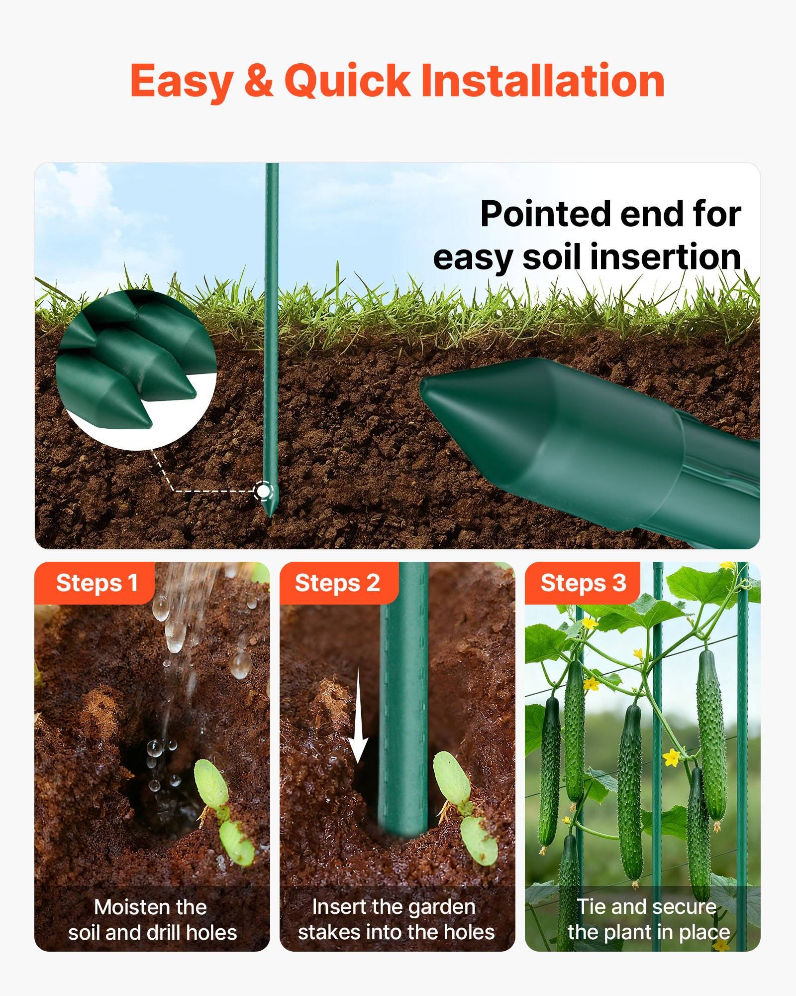 Anleitungsgrafik mit dem Titel „Einfache & schnelle Installation" mit spitzen grünen Gartenpfählen: Erde anfeuchten und Löcher bohren, Pfähle einführen, dann Pflanzen binden und befestigen.