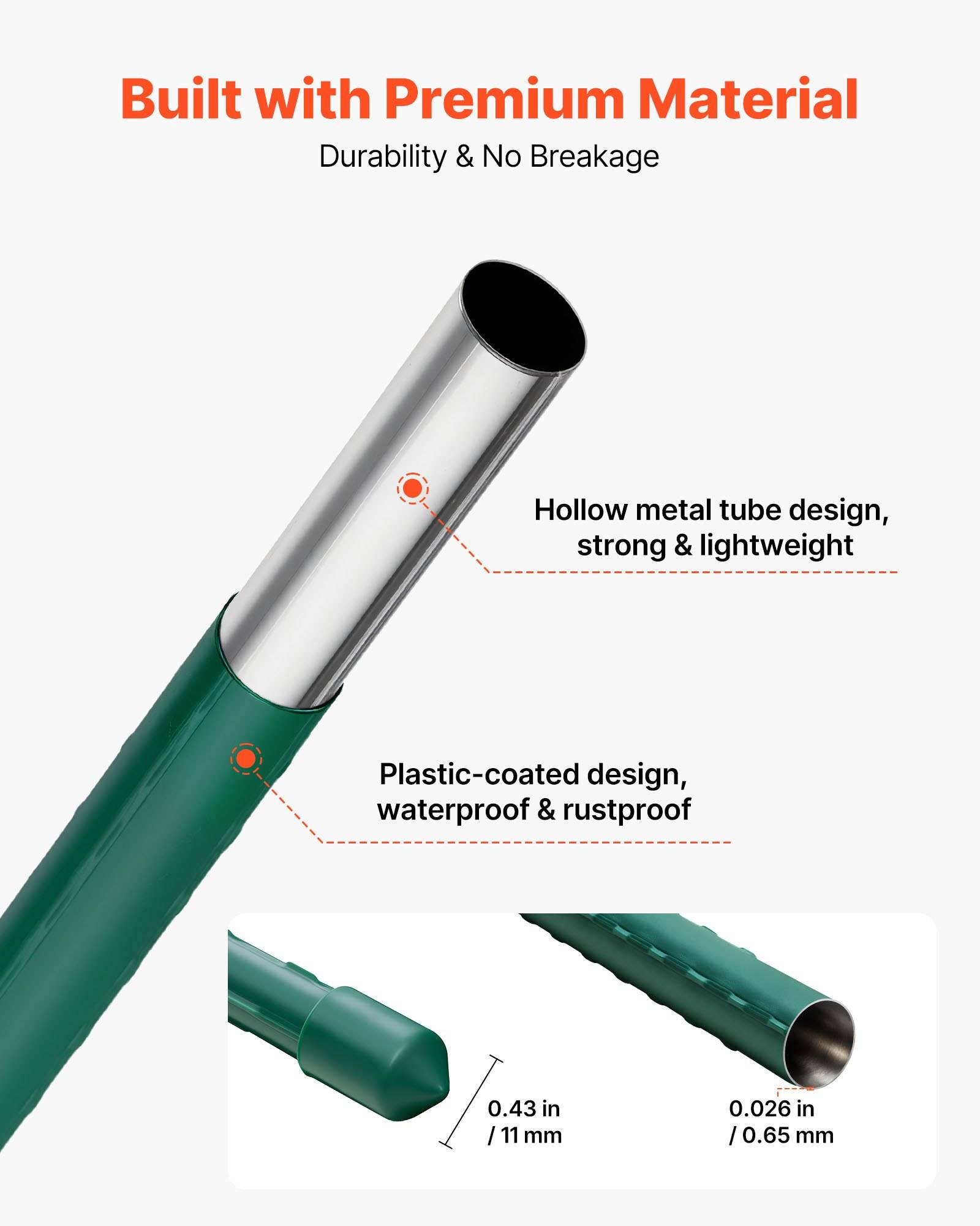 Produktgrafik mit einem grün gestieltem, silbernen Metallrohr mit Beschriftungen: "Hergestellt aus Premium-Material"" und ""Haltbarkeit & Bruchfestigkeit"", die das hohle Metall, die kunststoffbeschichtete, wasserdichte und rostfreie Design hervorheben.