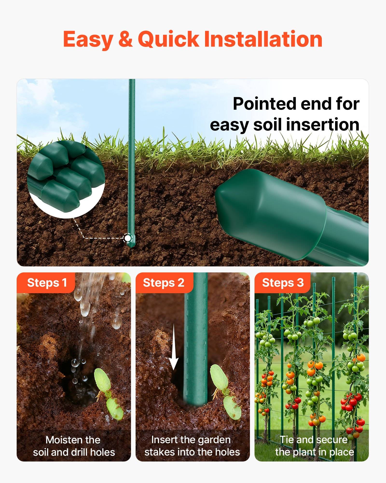 Infografik mit dem Titel „Einfache & schnelle Installation" zeigt einen spitzen grünen Gartenpfahl, der in die Erde eingeführt wird, mit drei Schritten: Erde befeuchten und Löcher bohren, Pfähle einführen, dann Pflanzen anbinden und sichern.