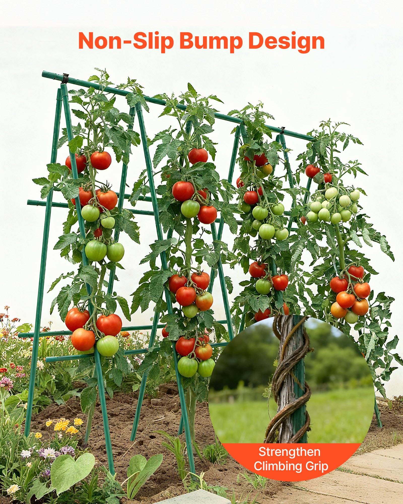 Tomatenpflanzen, die von grünen Pflöcken gestützt werden, mit der Überschrift „Rutschfestes Noppen-Design