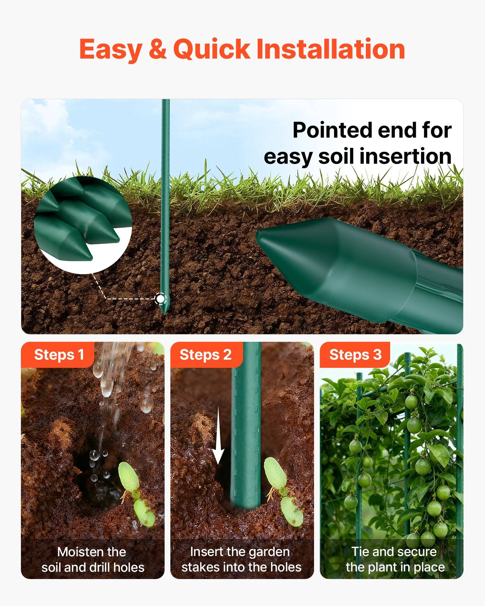 Instruktive Grafik zur einfachen Installation eines Gartenstabs: Spitzes Ende wird in den Boden eingeführt, dann werden Setzlinge in drei Schritten gebunden und fixiert.