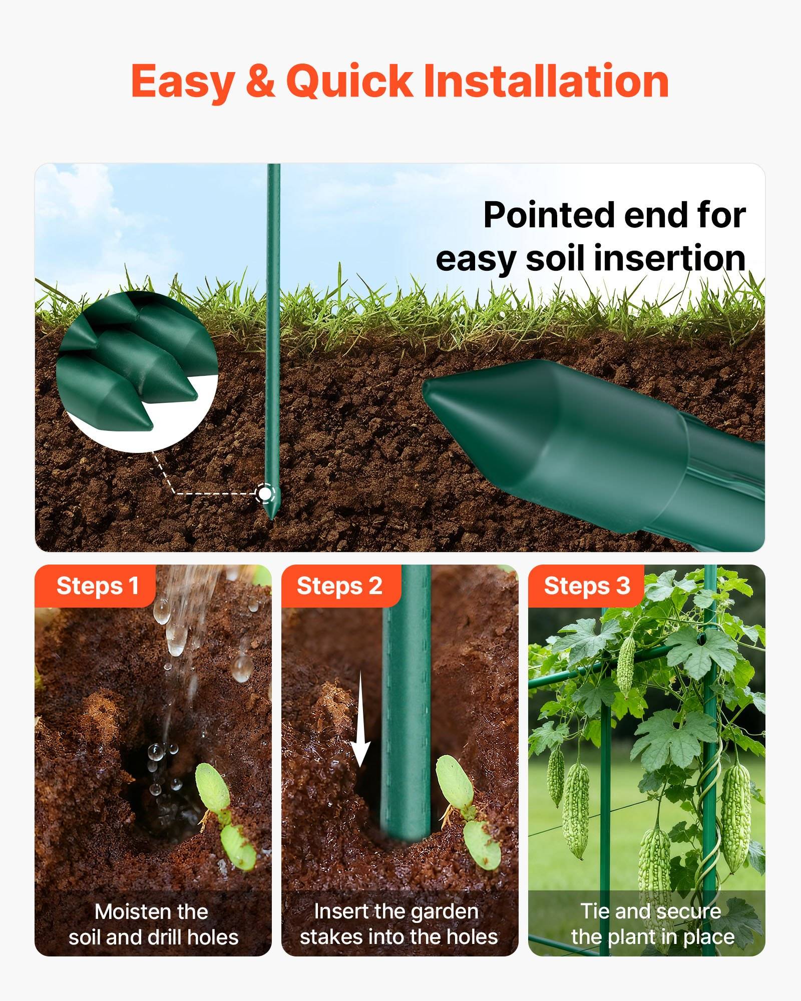 Anleitungsgrafik zur einfachen Installation eines grünen Gartenstabs: spitzes Ende wird in die Erde eingeführt, dann Löcher bohren, Stab einsetzen und die Pflanze anbinden.