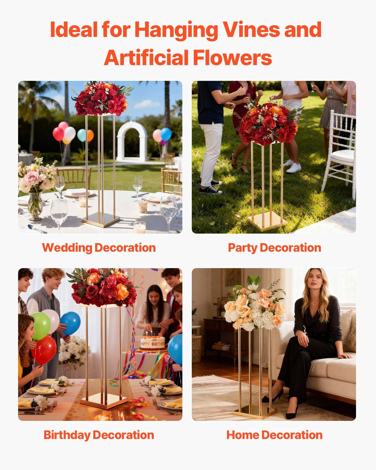Werbekollagen eines goldenen Blumenständers für Hochzeiten, Feiern, Geburtstage und Hausdekorationen mit künstlichen Blumen und Ballons.