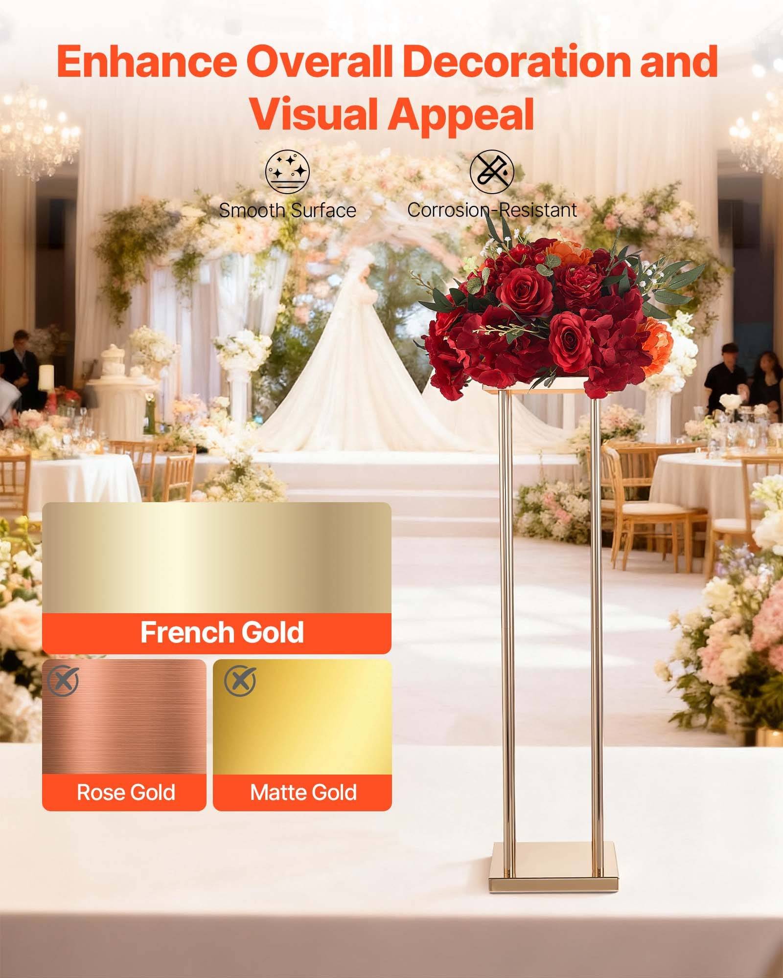 Werbebild eines goldenen Blumenstands an einem Hochzeitsvenue, beschriftet mit „Gesamtdekoration und visuelle Attraktivität verbessern" mit Oberflächenoptionen: Französisches Gold, Roségold und mattes Gold.