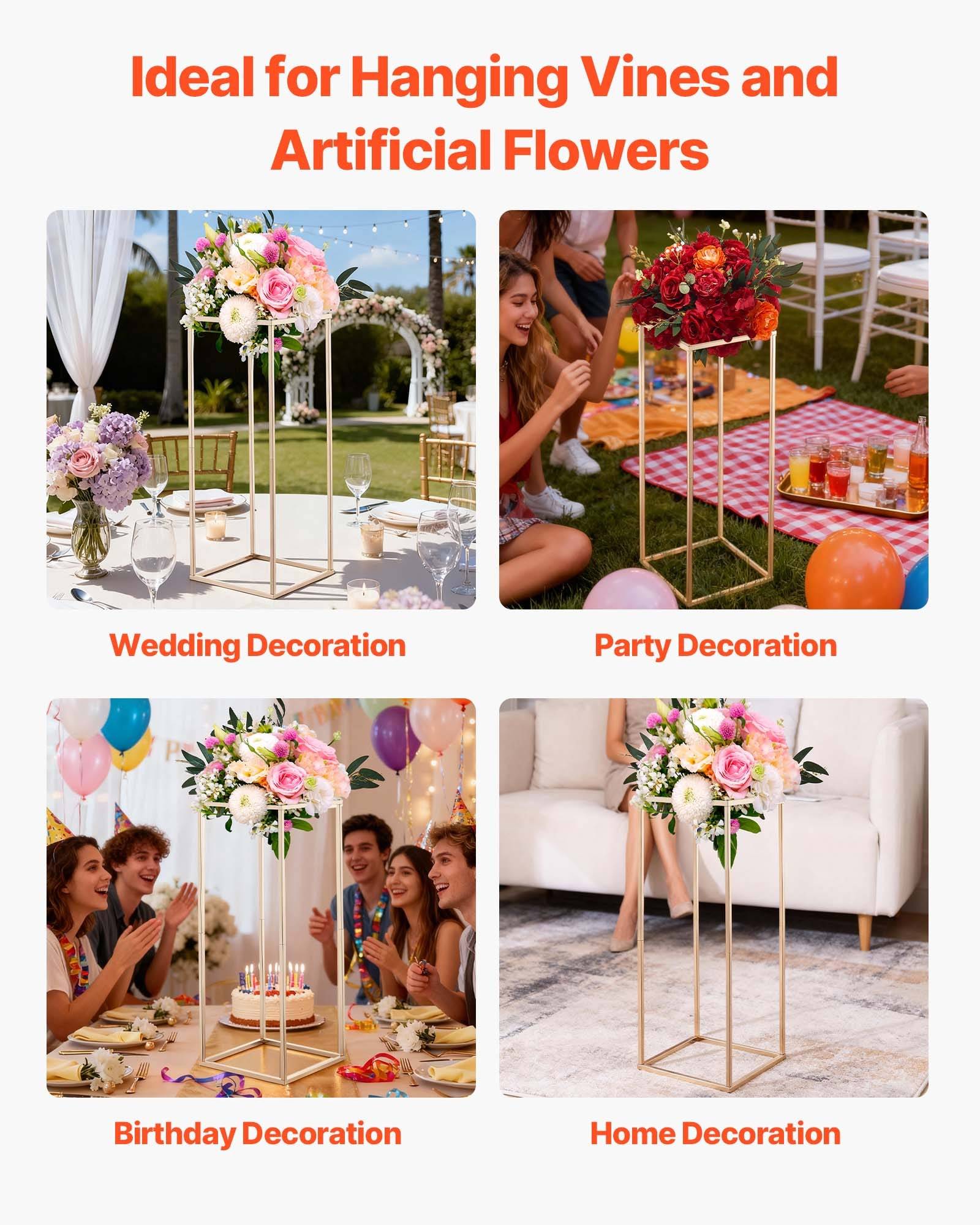 Collage zeigt einen goldenen Ständer mit Blumenarrangements, die für Hochzeiten, Partys, Geburtstage und Heimdekoration verwendet werden.