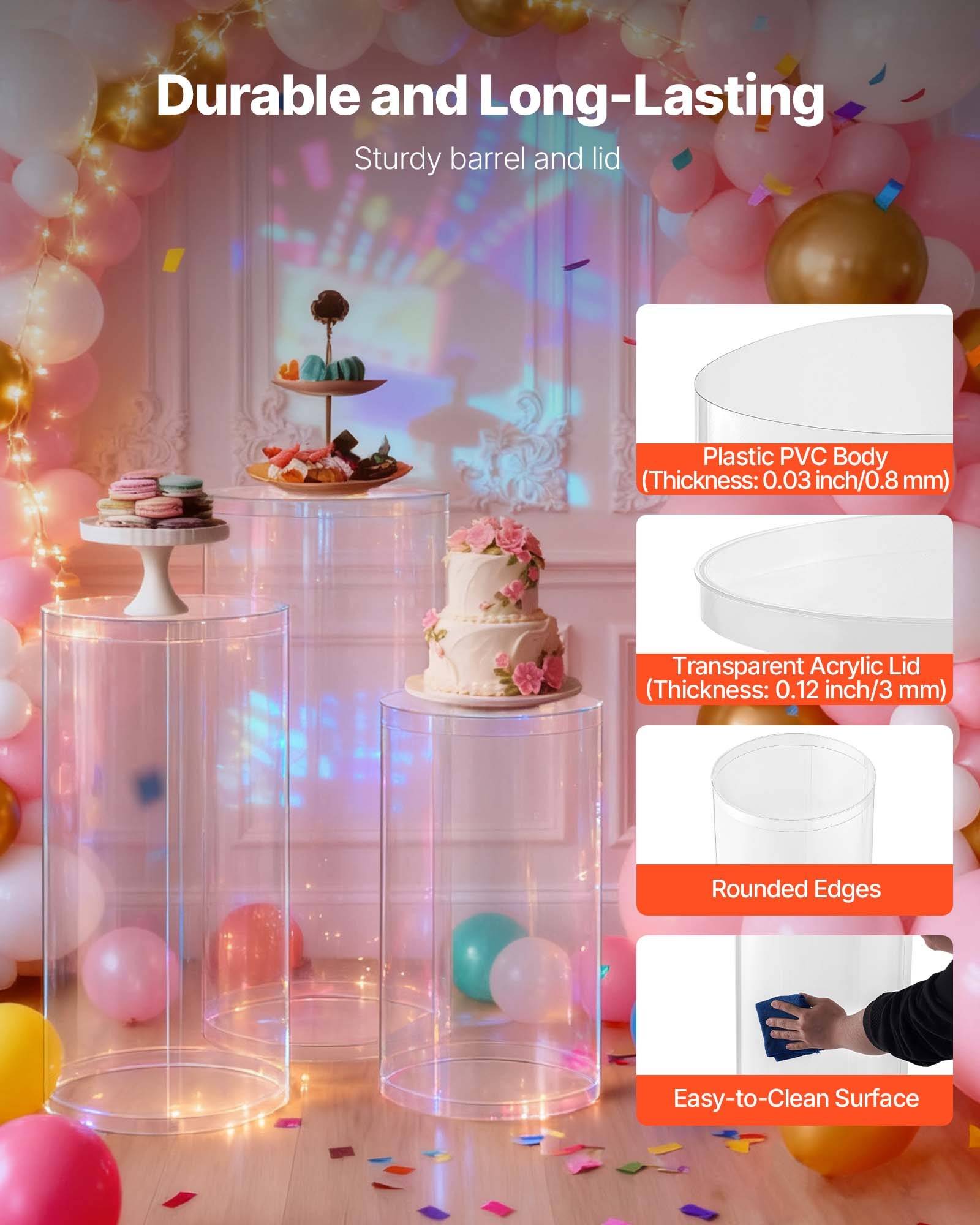Werbebild von durchsichtigen zylindrischen Lagerbehältern mit Deckeln bei einer Partyausstellung, mit dem Etikett "Langlebig und Langzeitbeständig"" und Hervorhebung von Kunststoff-PVC-Körper, transparentem Acryldeckel, abgerundeten Kanten und leicht zu reinigender Oberfläche.