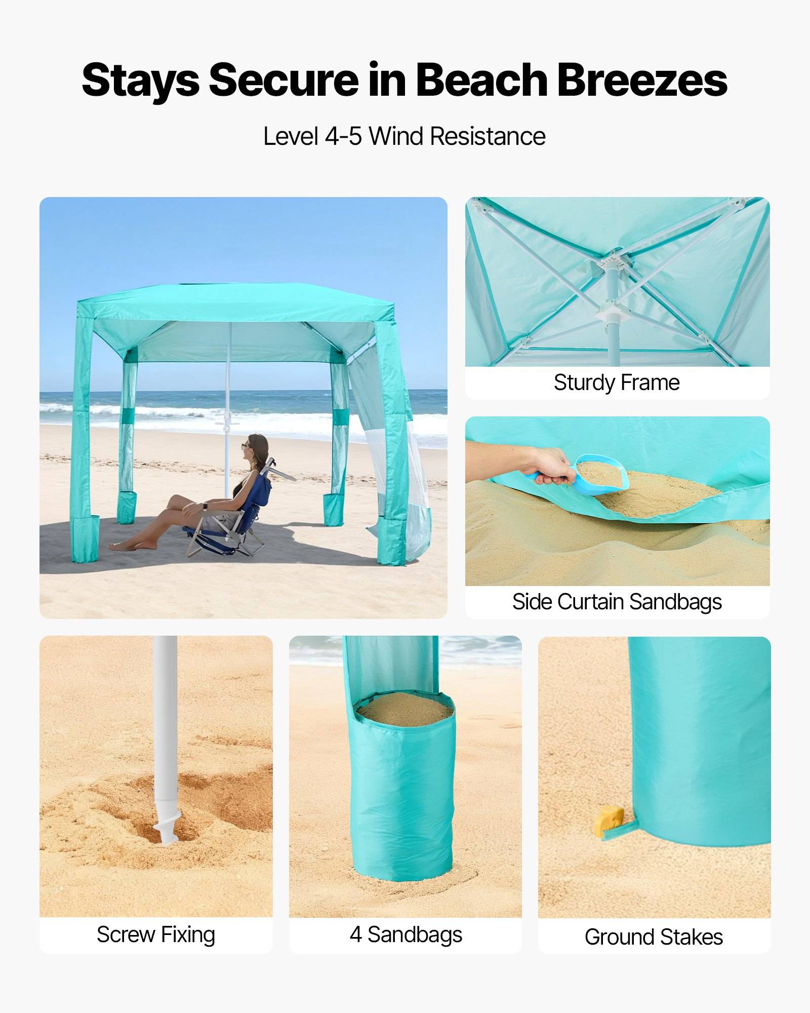 Werbegrafik für einen Strandschirm: „Bleibt auch bei Meeresbrise sicher befestigt" mit Windwiderstandsstufe 4-5, zeigt stabilen Rahmen, Seitengardinen-Sandsäcke, Schraubbefestigung, 4 Sandsäcke und Erdnägel.
