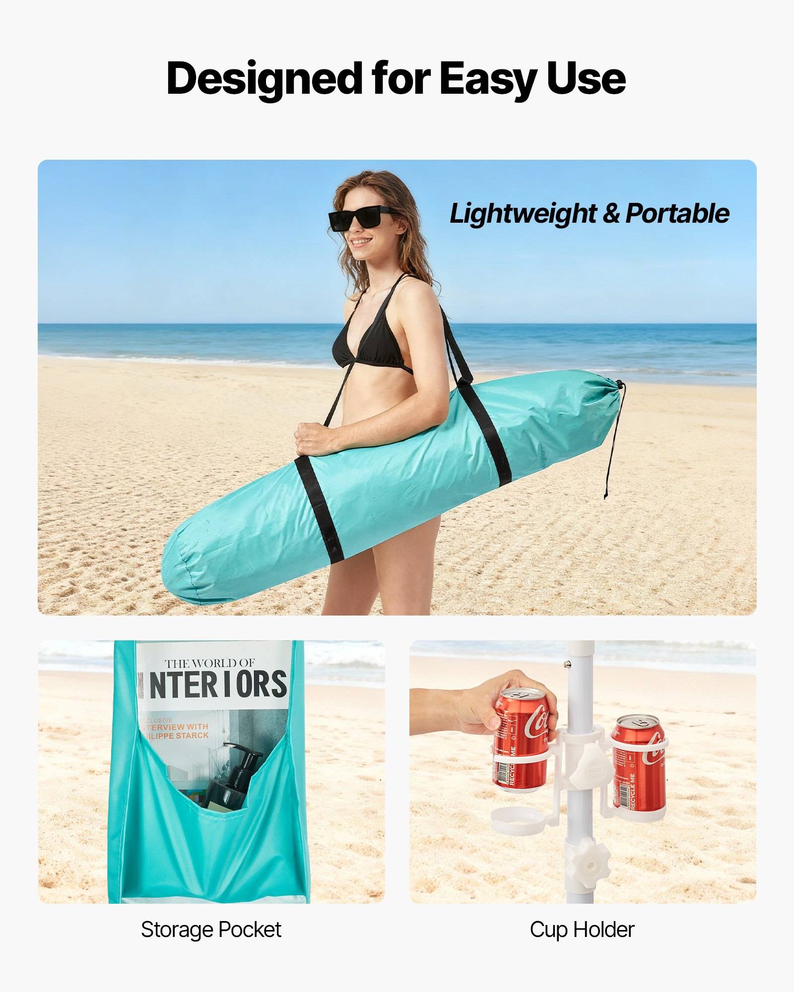 Werbebild einer Frau, die eine türkisfarbene Strandtasche auf einem Sandstrand trägt, mit der Aufschrift "Entworfen für einfache Bedienung"" und ""Leicht und tragbar"", mit eingeblendeten Funktionen für ein Aufbewahrungsfach und eine Getränkehalterung.