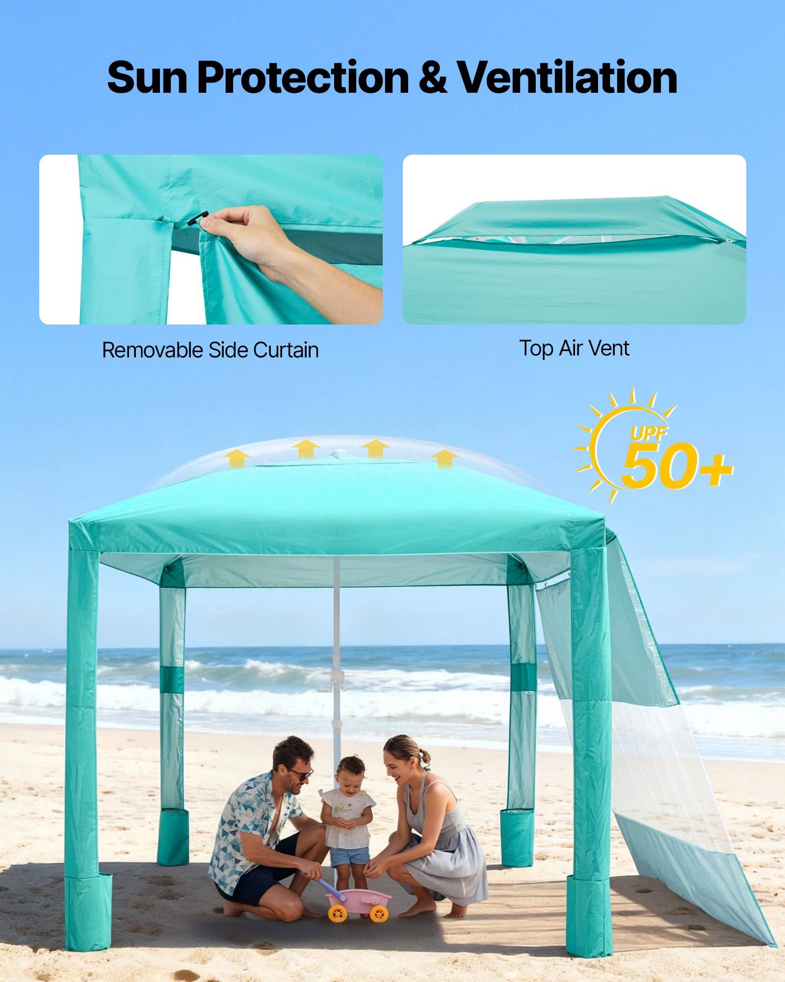 Strandmarkise mit abnehmbarem Seitenschutz und oberer Lüftungsöffnung zum Sonnenschutz, mit UPF-50+-Bewertung, unter der eine Familie sitzt.