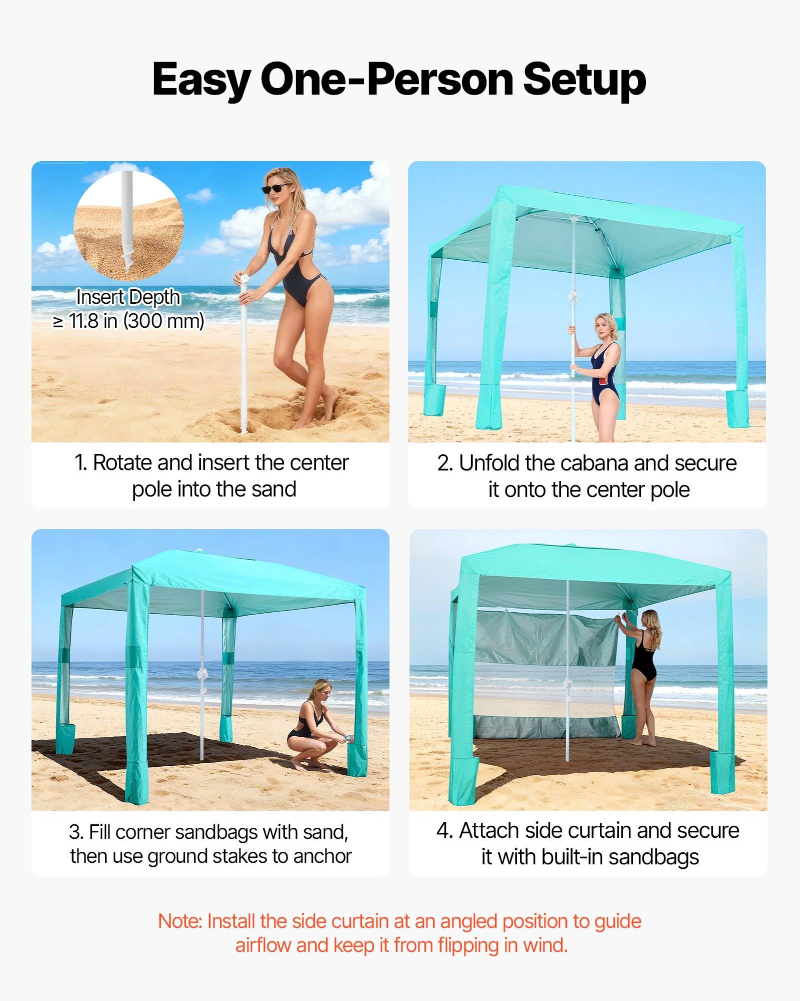 Anleitungsgrafik zur einfachen Aufstellung eines Strandpavillons für eine Person in 4 Schritten: Mittelpfosten 11,8 Zoll in den Sand einführen, Baldachin ausklappen, Eckgewichte mit Sand füllen und Seitenverhang anbringen.