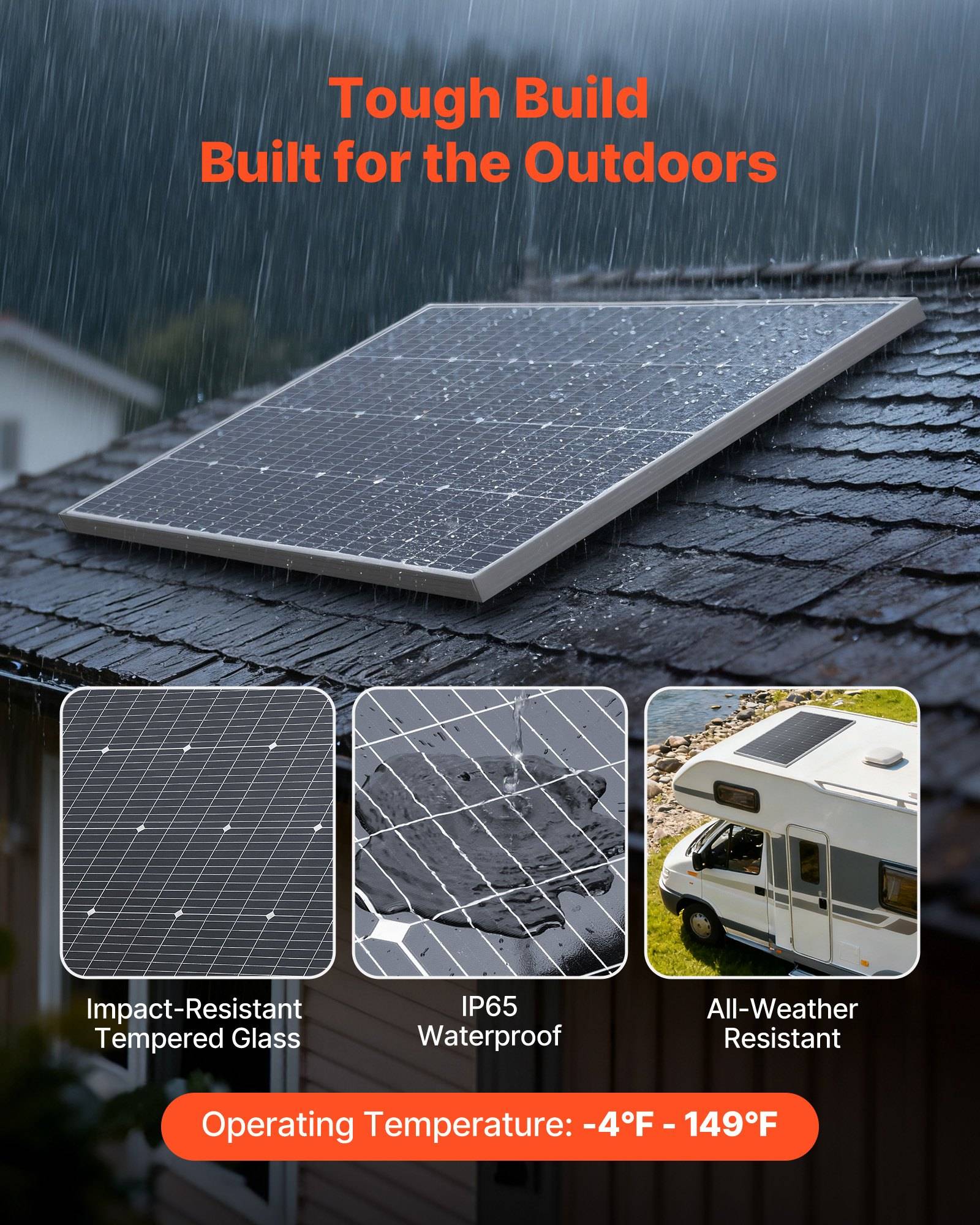 Solarpanel auf einem regnerischen Dach mit dem Text „Robuster Aufbau für den Außenbereich", der stoßfestes gehärtetes Glas, IP65-Wasserdichtigkeit, Allwetterbeständigkeit und einen Betriebsbereich von -20°C bis 65°C hervorhebt.