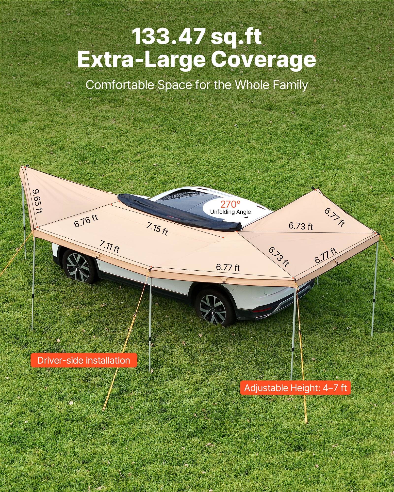 Ein Auto wird von einem extra großen Verdeck/Zelt mit einer Fläche von 133,47 Quadratfuß, einem Entfaltungswinkel von 270°, einer fahrerseits ausgerichteten Installation und einer verstellbaren Höhe von 4–7 Fuß bedeckt.