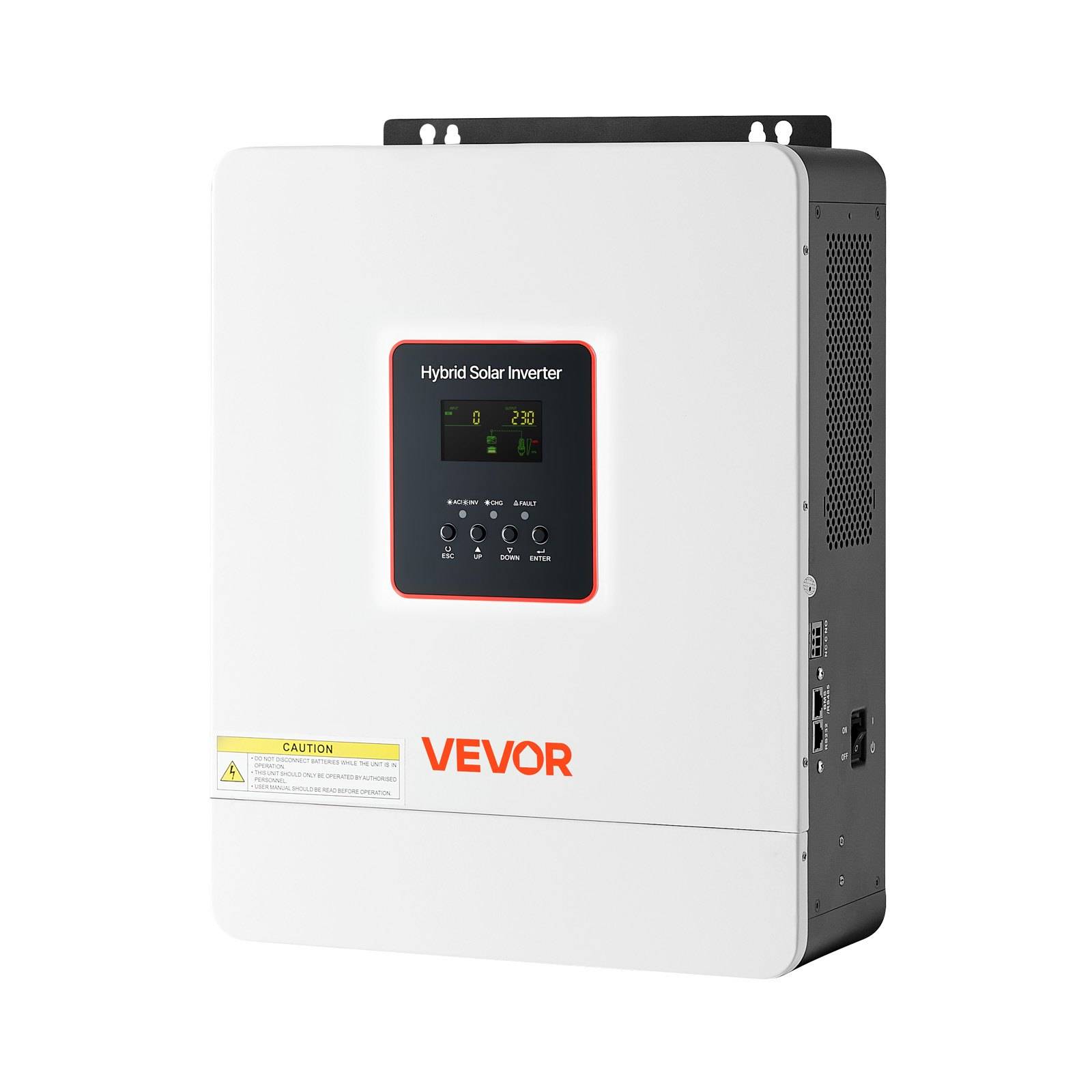 Weißer VEVOR Hybrid-Solarwechselrichter mit digitaler Anzeige und Steuertasten, in einer Dreiviertelsansicht vor weißem Hintergrund dargestellt.